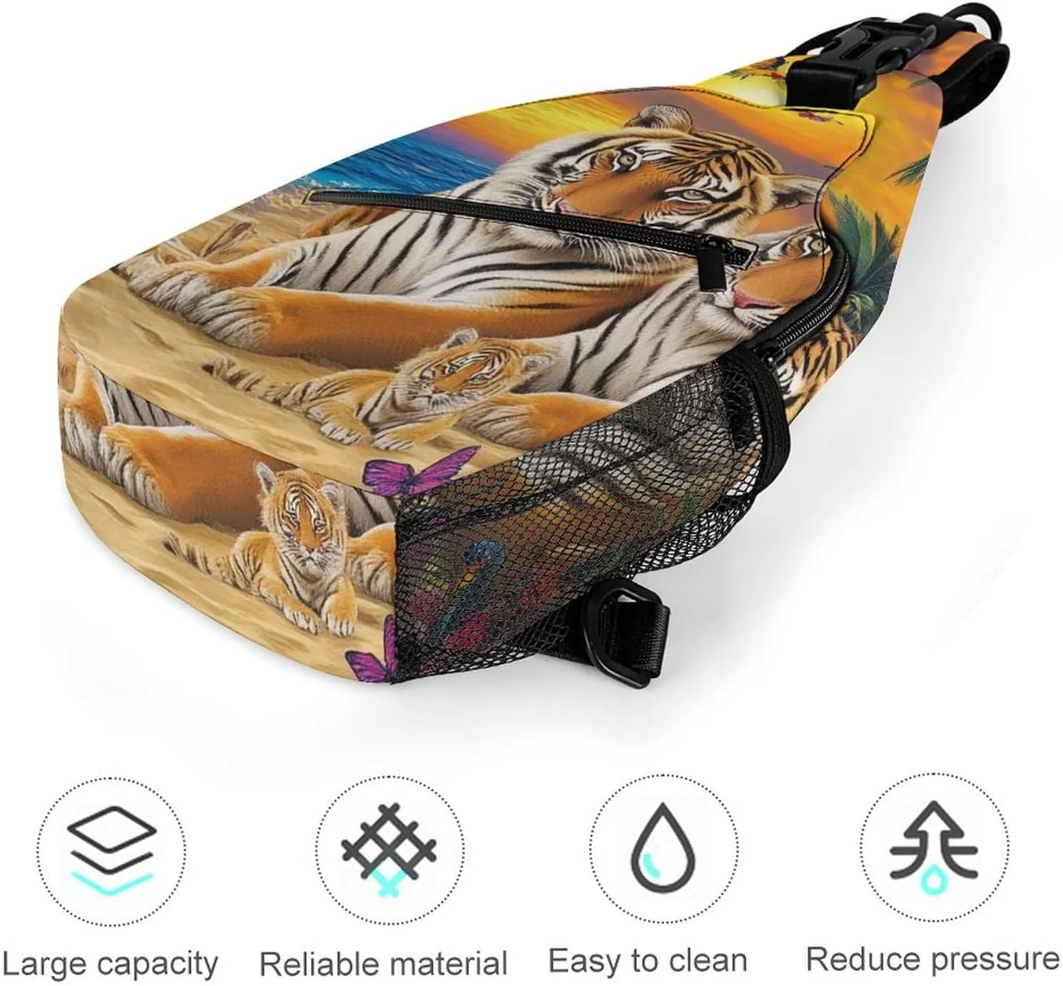 Supdreamc Men Sling Shoulder Backpack Foldable Handy Shoulder Chest Crossbody Bag - Tropical Tiger Animal World King Art Anti-Theft Rucksack Messenger Bag With Adjustable Shoulder Strap