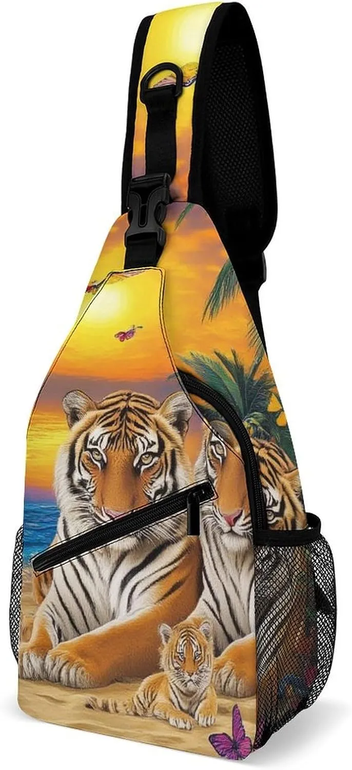Supdreamc Men Sling Shoulder Backpack Foldable Handy Shoulder Chest Crossbody Bag - Tropical Tiger Animal World King Art Anti-Theft Rucksack Messenger Bag With Adjustable Shoulder Strap