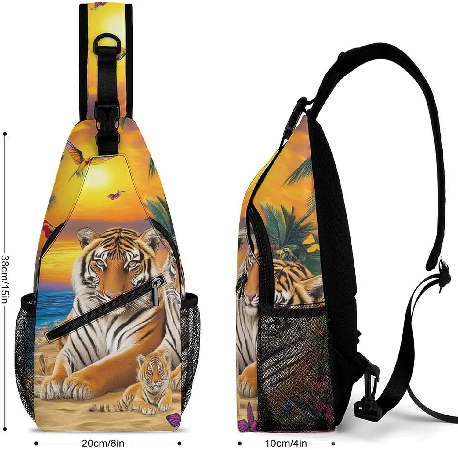 Supdreamc Men Sling Shoulder Backpack Foldable Handy Shoulder Chest Crossbody Bag - Tropical Tiger Animal World King Art Anti-Theft Rucksack Messenger Bag With Adjustable Shoulder Strap