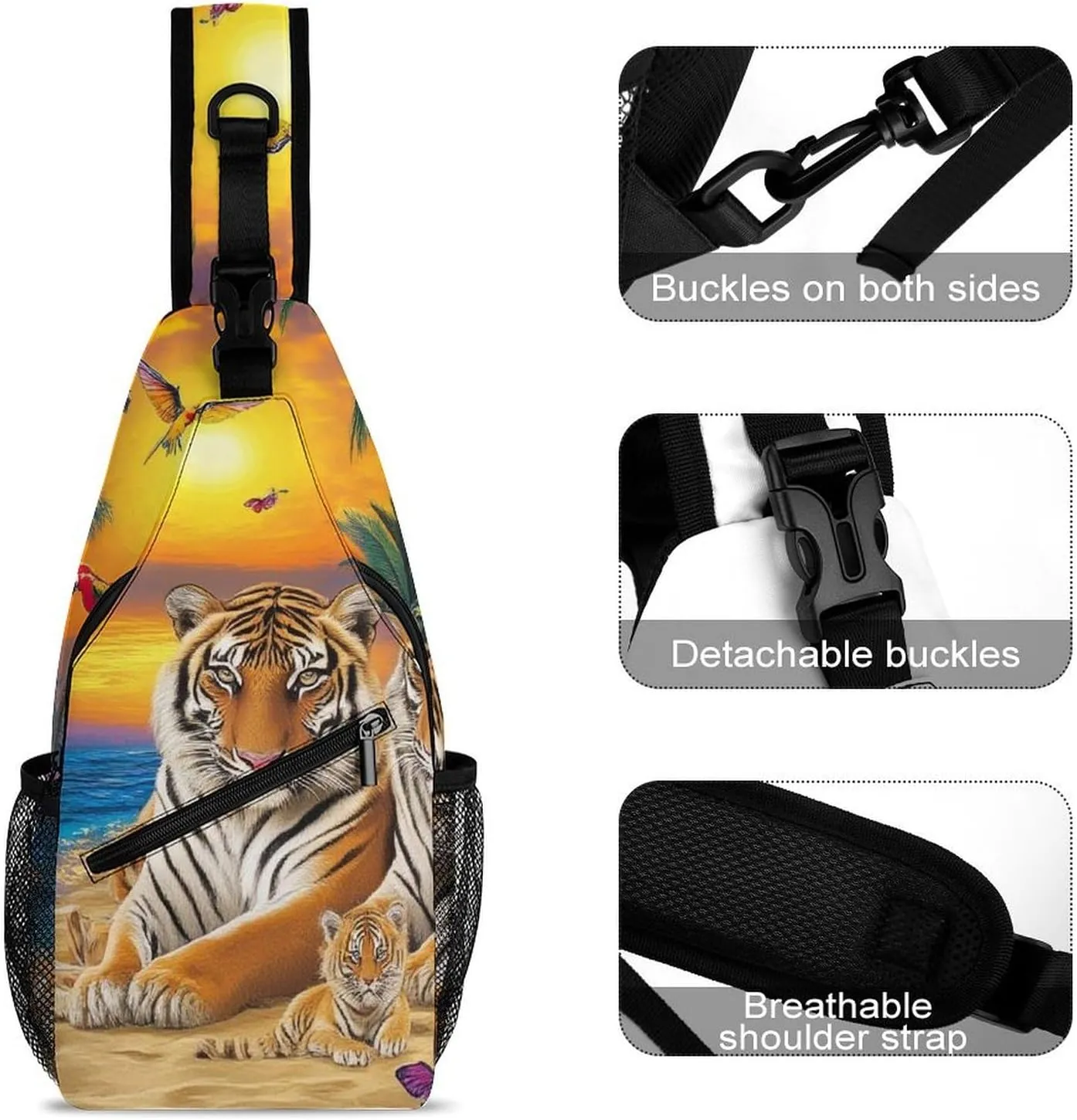 Supdreamc Men Sling Shoulder Backpack Foldable Handy Shoulder Chest Crossbody Bag - Tropical Tiger Animal World King Art Anti-Theft Rucksack Messenger Bag With Adjustable Shoulder Strap