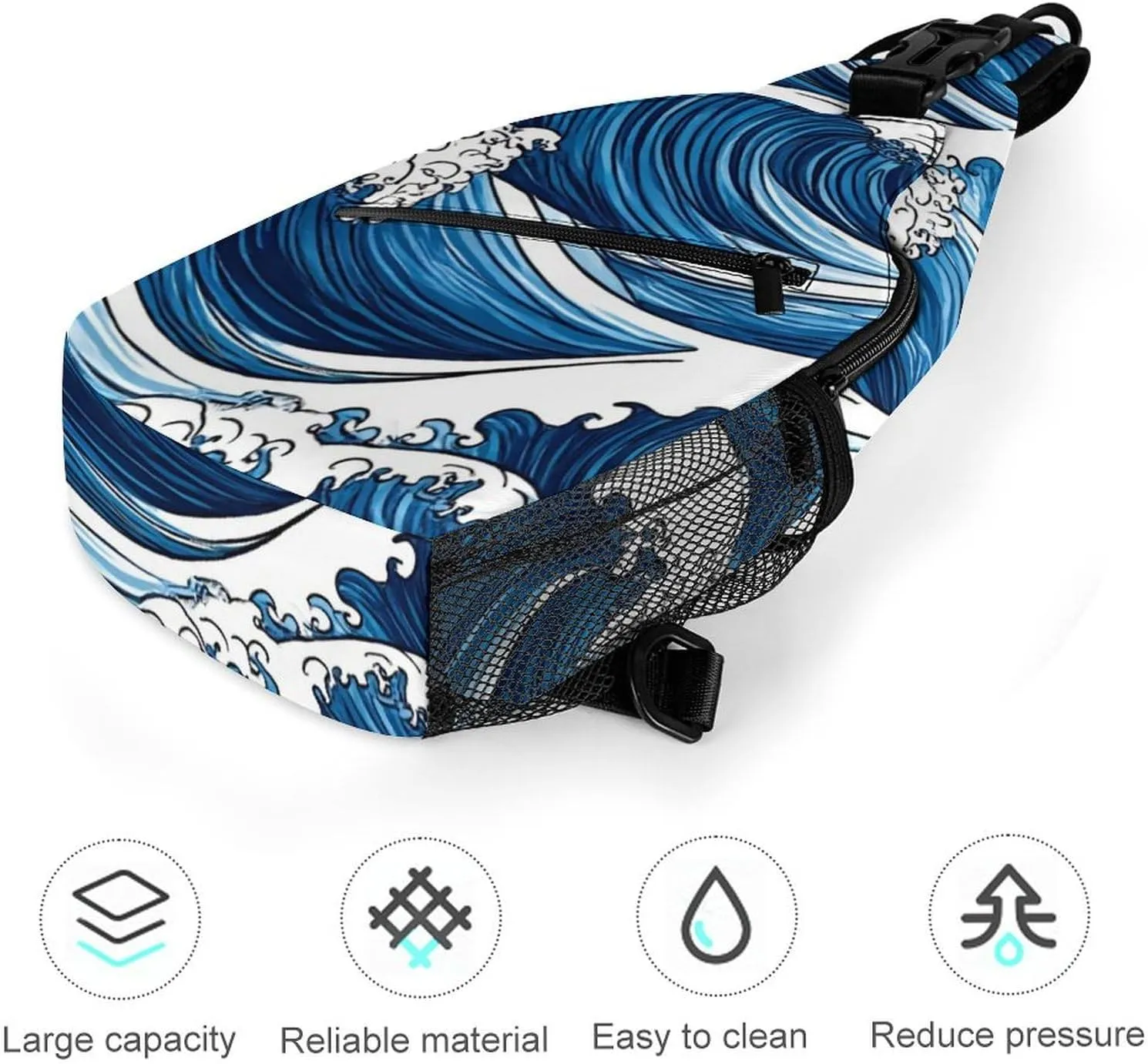 Supdreamc Men Women Sling Shoulder Backpack Foldable Unbalance Shoulder Chest Crossbody Bag - Japanese Ocean Sea Blue Wave Anti-Theft Multipurpose Rucksack Bookbag Backpack