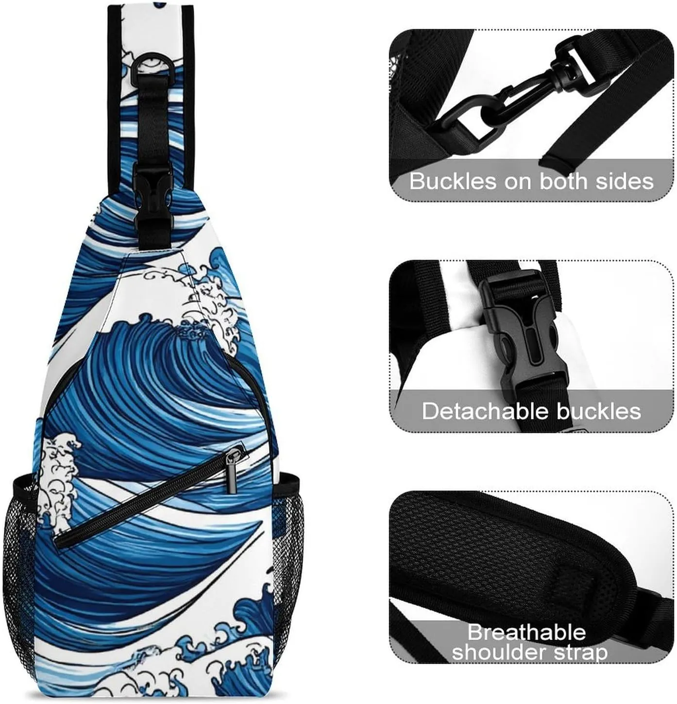 Supdreamc Men Women Sling Shoulder Backpack Foldable Unbalance Shoulder Chest Crossbody Bag - Japanese Ocean Sea Blue Wave Anti-Theft Multipurpose Rucksack Bookbag Backpack