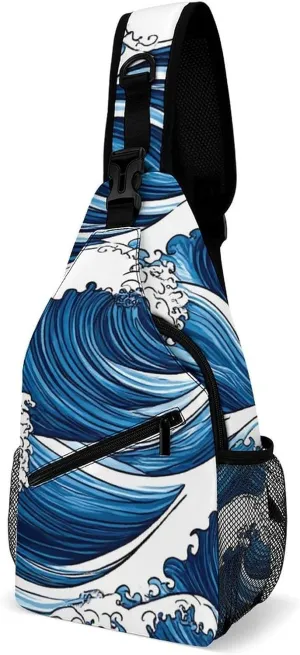 Supdreamc Men Women Sling Shoulder Backpack Foldable Unbalance Shoulder Chest Crossbody Bag - Japanese Ocean Sea Blue Wave Anti-Theft Multipurpose Rucksack Bookbag Backpack