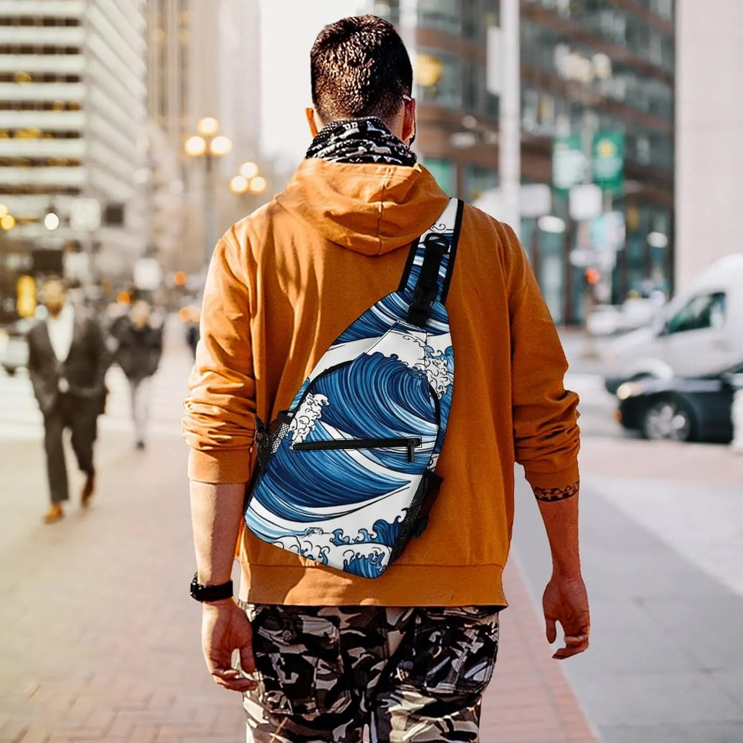 Supdreamc Men Women Sling Shoulder Backpack Foldable Unbalance Shoulder Chest Crossbody Bag - Japanese Ocean Sea Blue Wave Anti-Theft Multipurpose Rucksack Bookbag Backpack