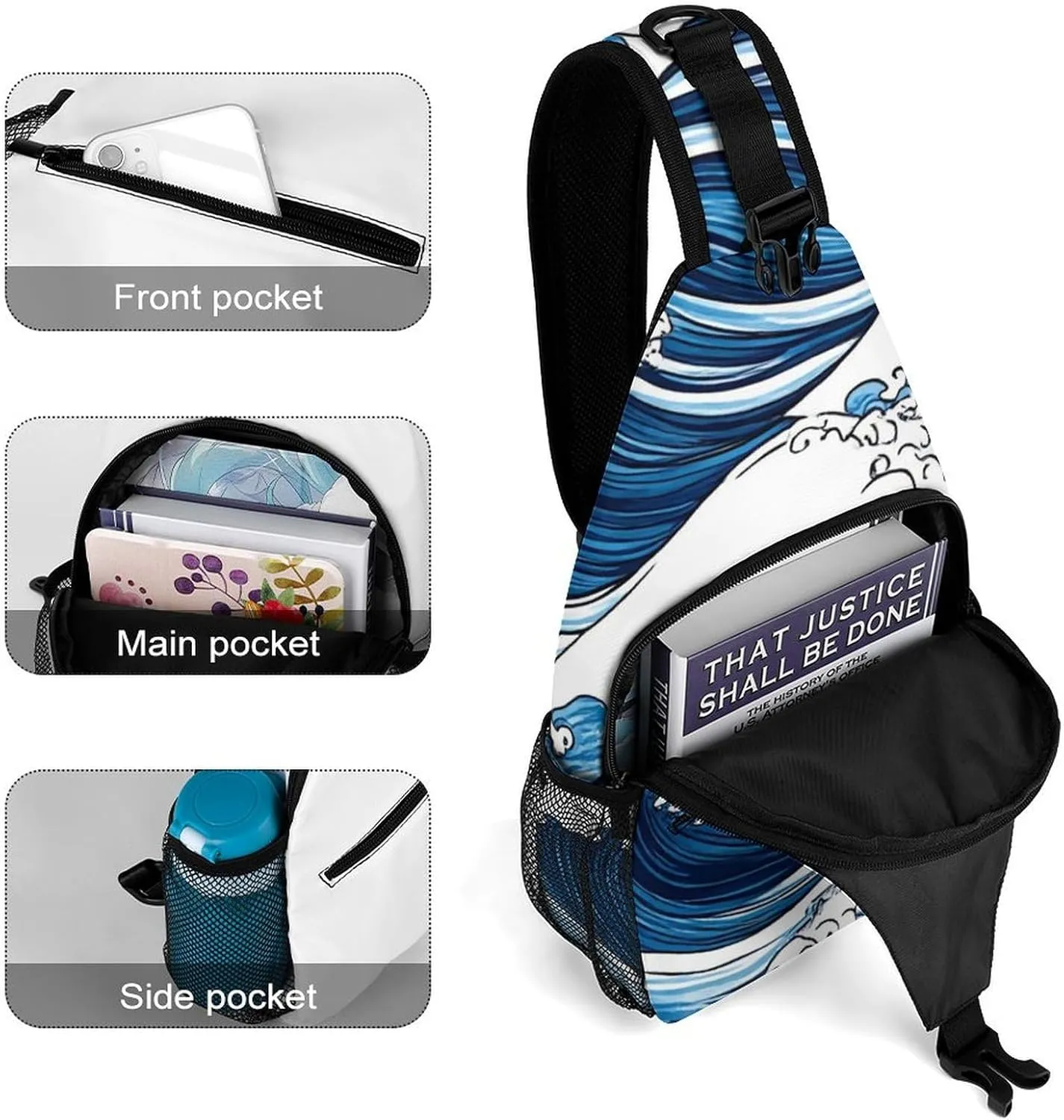 Supdreamc Men Women Sling Shoulder Backpack Foldable Unbalance Shoulder Chest Crossbody Bag - Japanese Ocean Sea Blue Wave Anti-Theft Multipurpose Rucksack Bookbag Backpack
