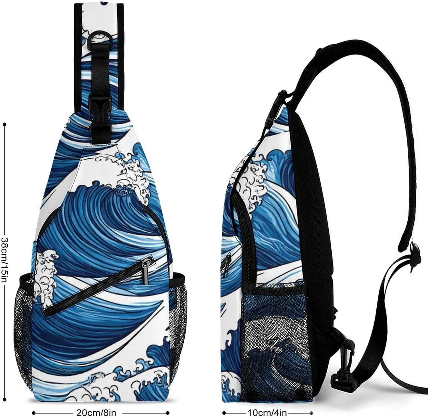 Supdreamc Men Women Sling Shoulder Backpack Foldable Unbalance Shoulder Chest Crossbody Bag - Japanese Ocean Sea Blue Wave Anti-Theft Multipurpose Rucksack Bookbag Backpack