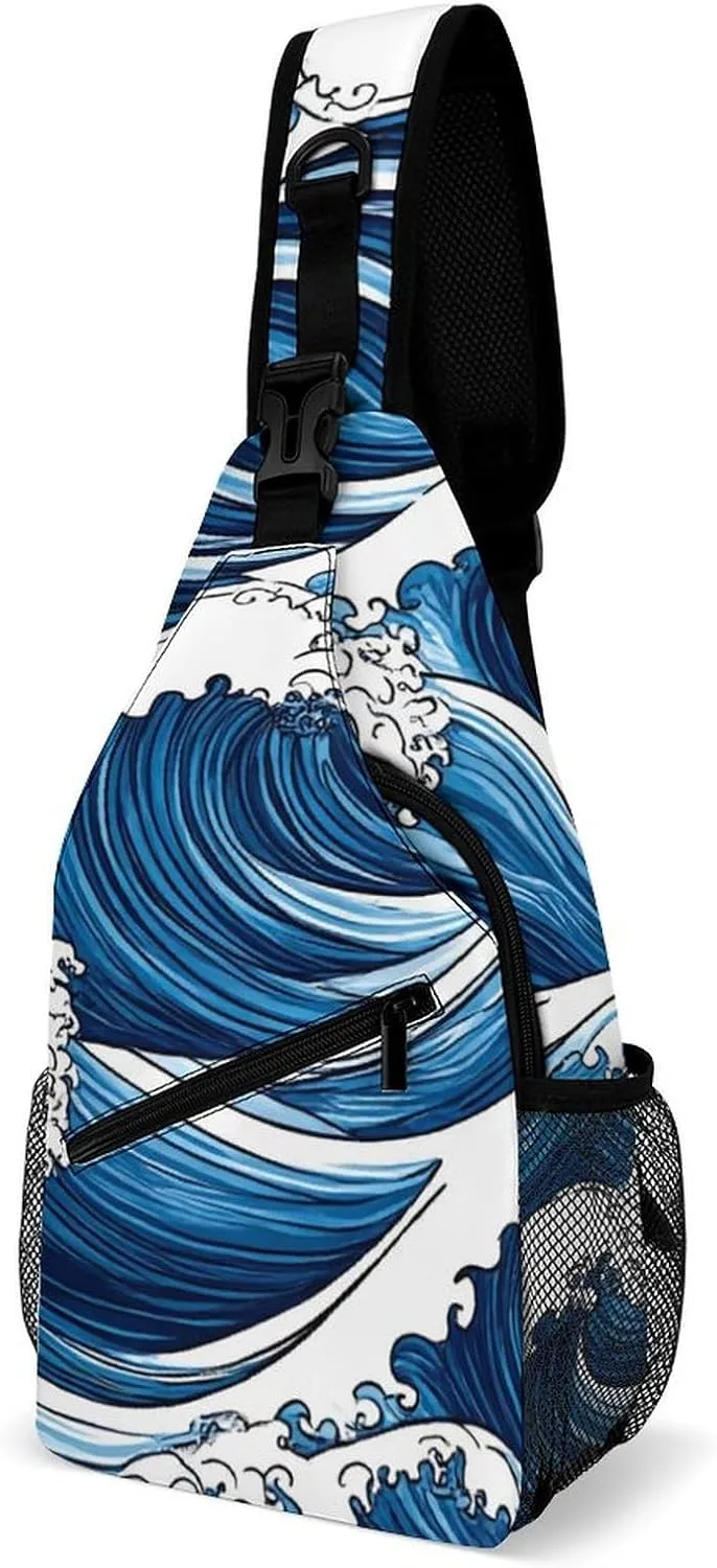 Supdreamc Men Women Sling Shoulder Backpack Foldable Unbalance Shoulder Chest Crossbody Bag - Japanese Ocean Sea Blue Wave Anti-Theft Multipurpose Rucksack Bookbag Backpack