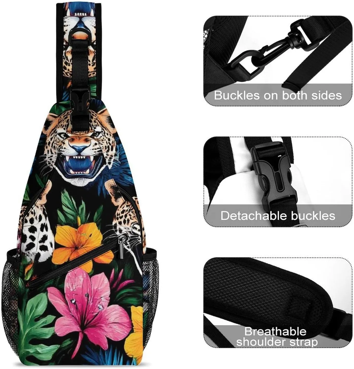 Supdreamc Men Women Sling Shoulder Backpack Foldable Unbalance Shoulder Chest Crossbody Bag - Jungle Florals Cheetah Leopard Print Anti-Theft Multipurpose Rucksack Bookbag Backpack