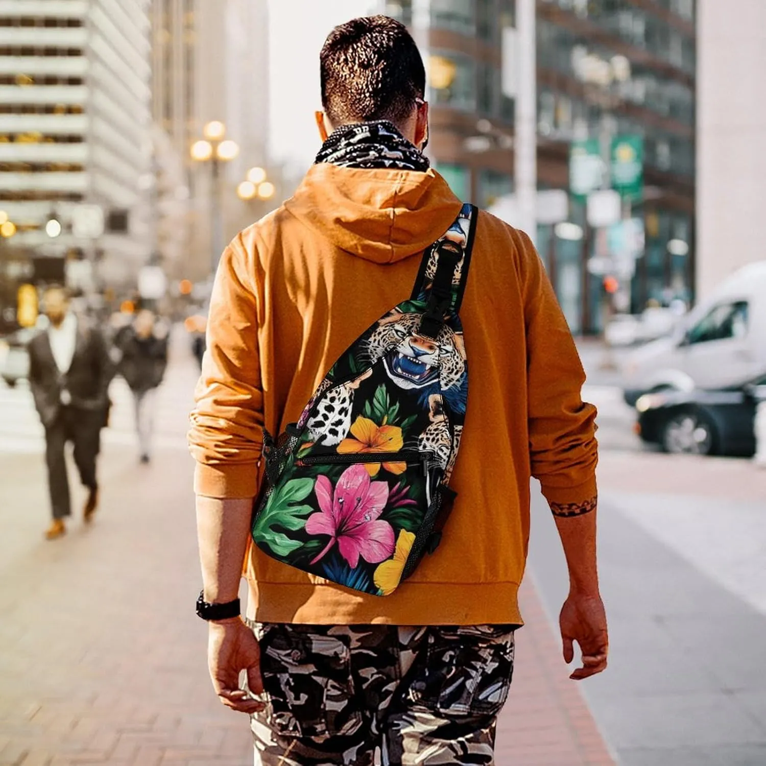Supdreamc Men Women Sling Shoulder Backpack Foldable Unbalance Shoulder Chest Crossbody Bag - Jungle Florals Cheetah Leopard Print Anti-Theft Multipurpose Rucksack Bookbag Backpack