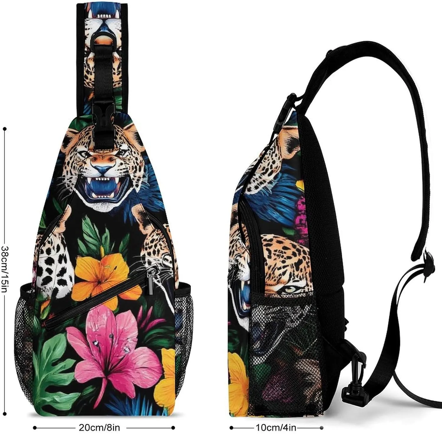 Supdreamc Men Women Sling Shoulder Backpack Foldable Unbalance Shoulder Chest Crossbody Bag - Jungle Florals Cheetah Leopard Print Anti-Theft Multipurpose Rucksack Bookbag Backpack