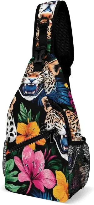 Supdreamc Men Women Sling Shoulder Backpack Foldable Unbalance Shoulder Chest Crossbody Bag - Jungle Florals Cheetah Leopard Print Anti-Theft Multipurpose Rucksack Bookbag Backpack