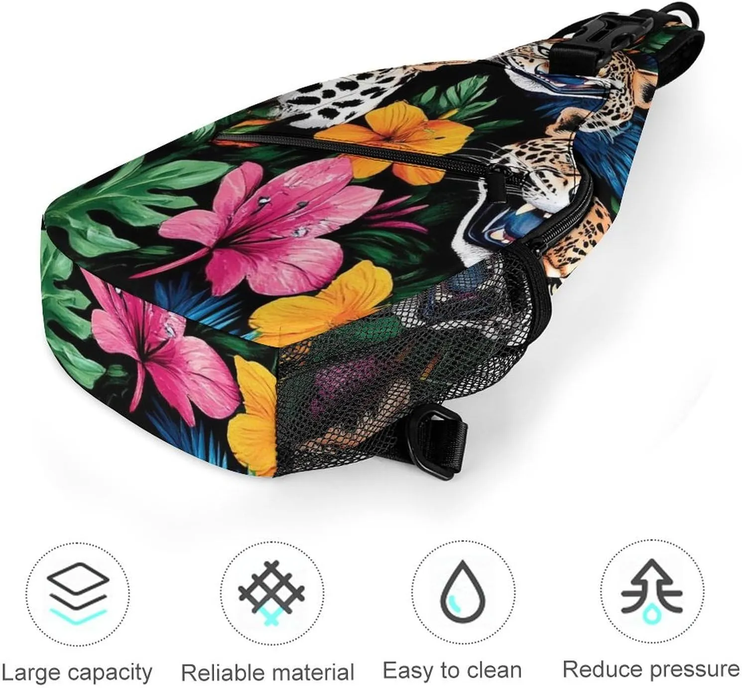Supdreamc Men Women Sling Shoulder Backpack Foldable Unbalance Shoulder Chest Crossbody Bag - Jungle Florals Cheetah Leopard Print Anti-Theft Multipurpose Rucksack Bookbag Backpack