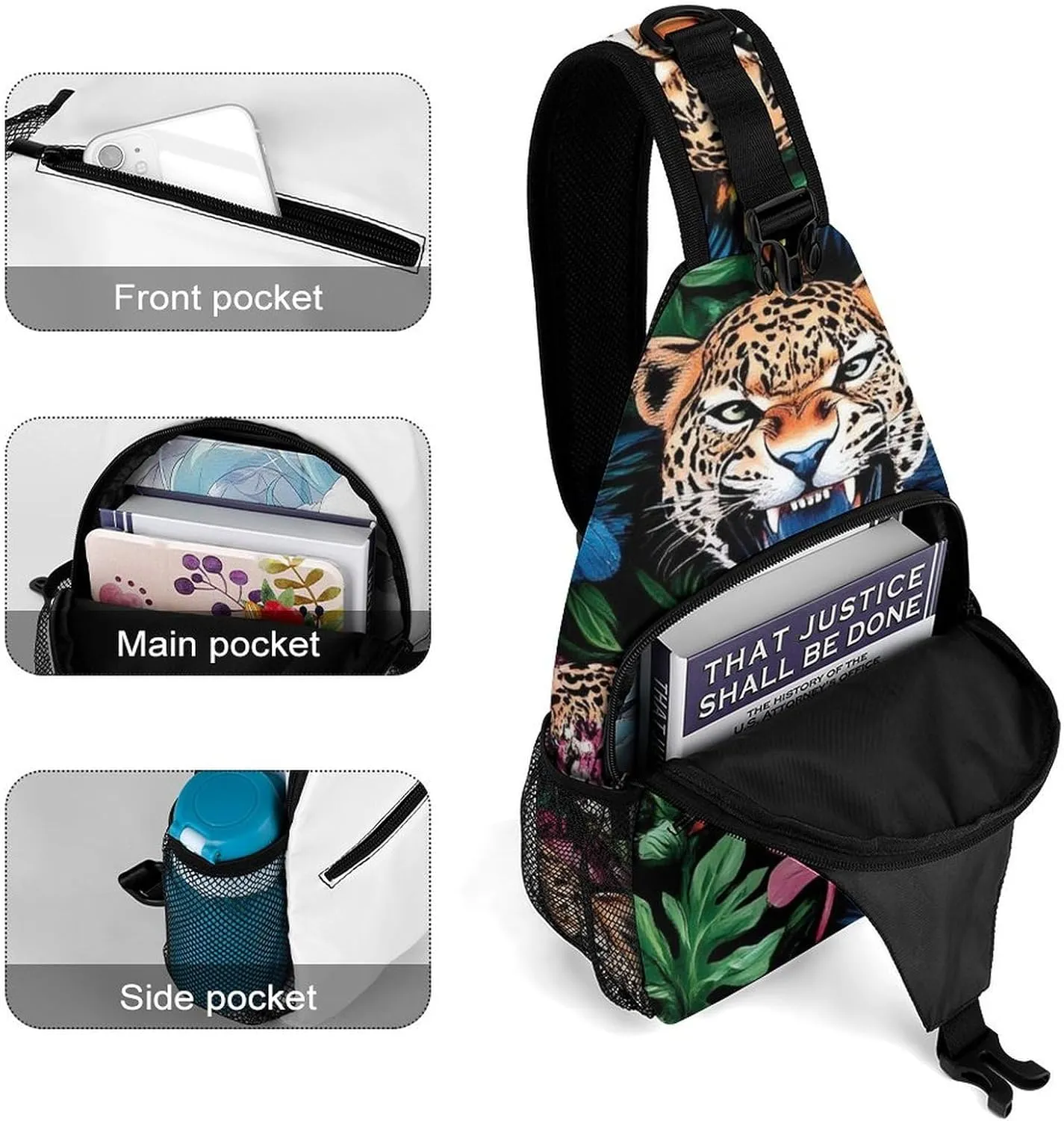 Supdreamc Men Women Sling Shoulder Backpack Foldable Unbalance Shoulder Chest Crossbody Bag - Jungle Florals Cheetah Leopard Print Anti-Theft Multipurpose Rucksack Bookbag Backpack