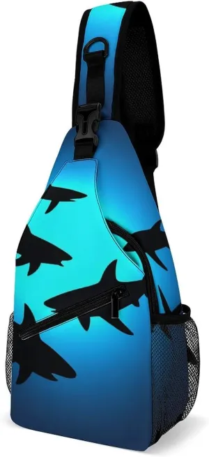 Supdreamc Men's Sling Backpack Packable Unbalance Shoulder Crossbody Bag Chest Pack - Ocean Blue Sea Floating Sharks Multipurpose Anti-Theft Backpacking Bag With Adjustable Shoulder Strap
