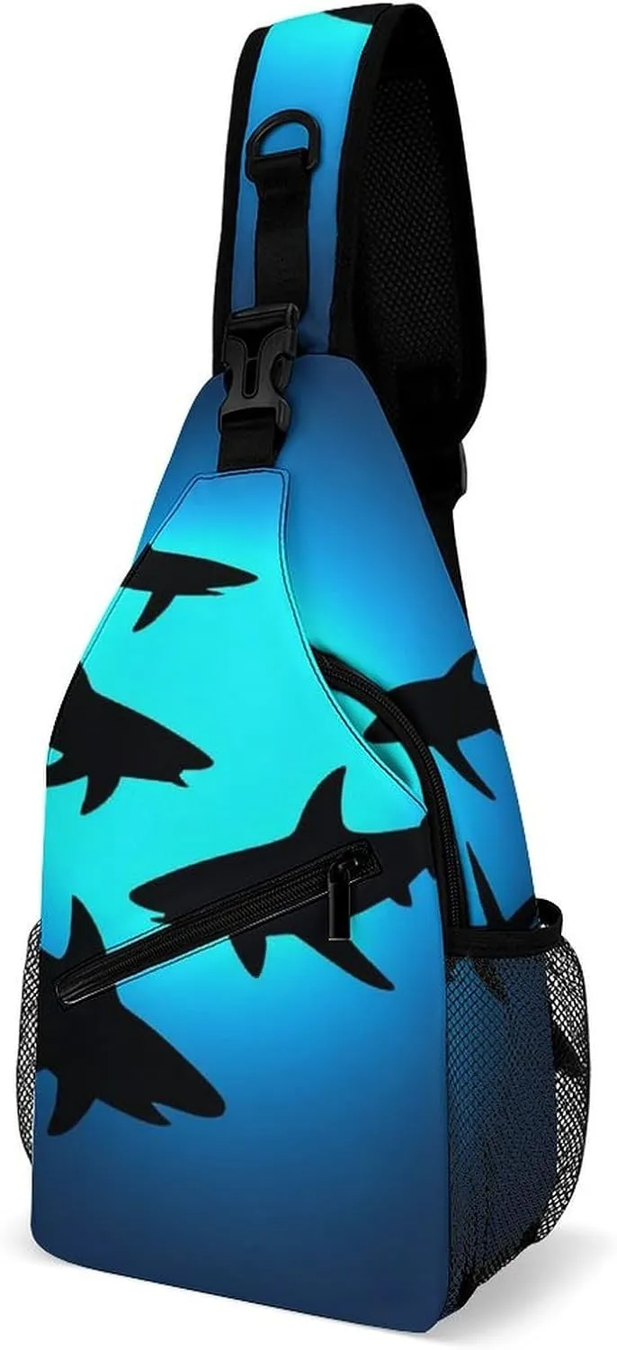 Supdreamc Men's Sling Backpack Packable Unbalance Shoulder Crossbody Bag Chest Pack - Ocean Blue Sea Floating Sharks Multipurpose Anti-Theft Backpacking Bag With Adjustable Shoulder Strap