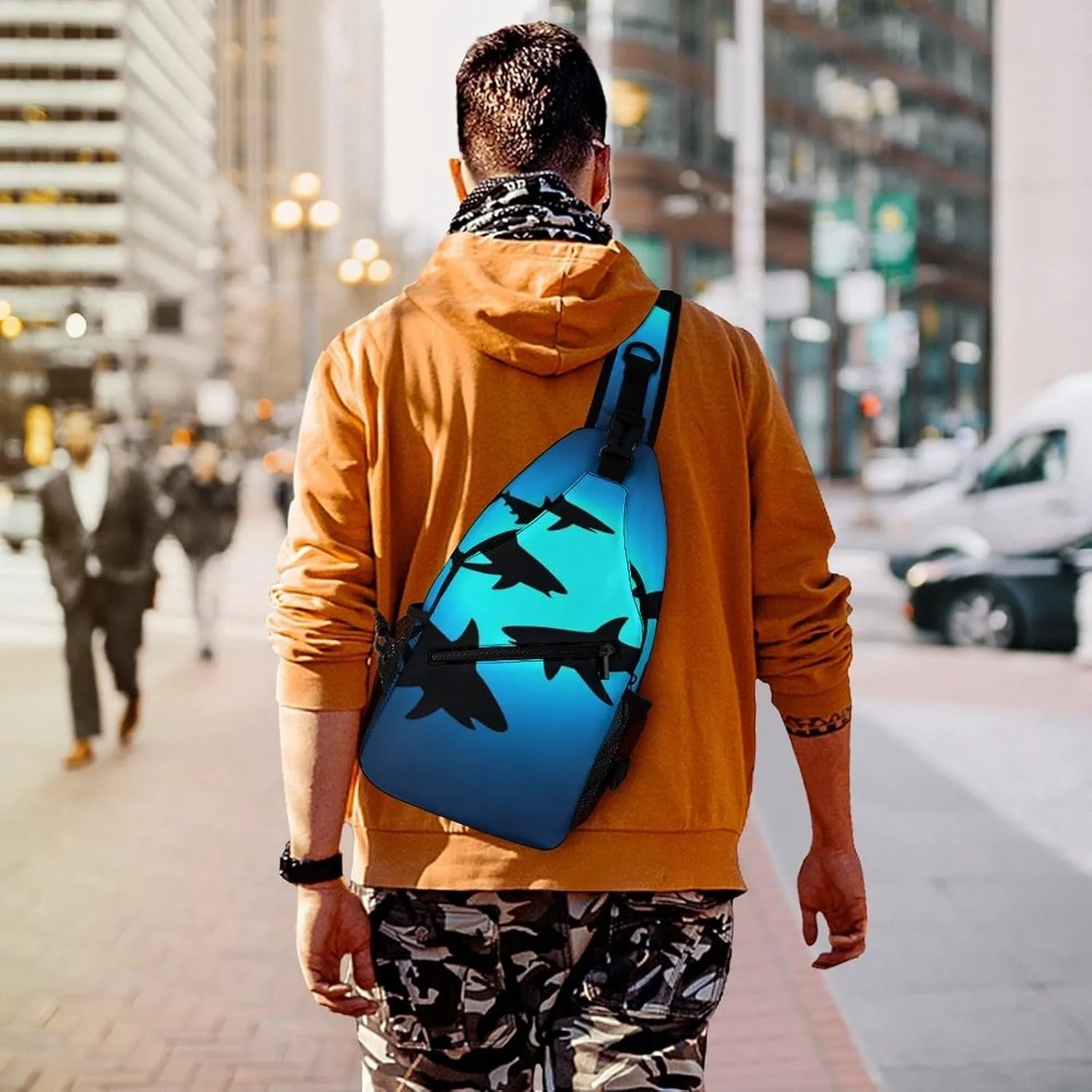 Supdreamc Men's Sling Backpack Packable Unbalance Shoulder Crossbody Bag Chest Pack - Ocean Blue Sea Floating Sharks Multipurpose Anti-Theft Backpacking Bag With Adjustable Shoulder Strap