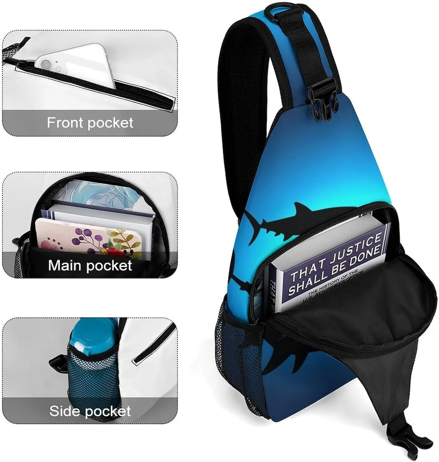 Supdreamc Men's Sling Backpack Packable Unbalance Shoulder Crossbody Bag Chest Pack - Ocean Blue Sea Floating Sharks Multipurpose Anti-Theft Backpacking Bag With Adjustable Shoulder Strap