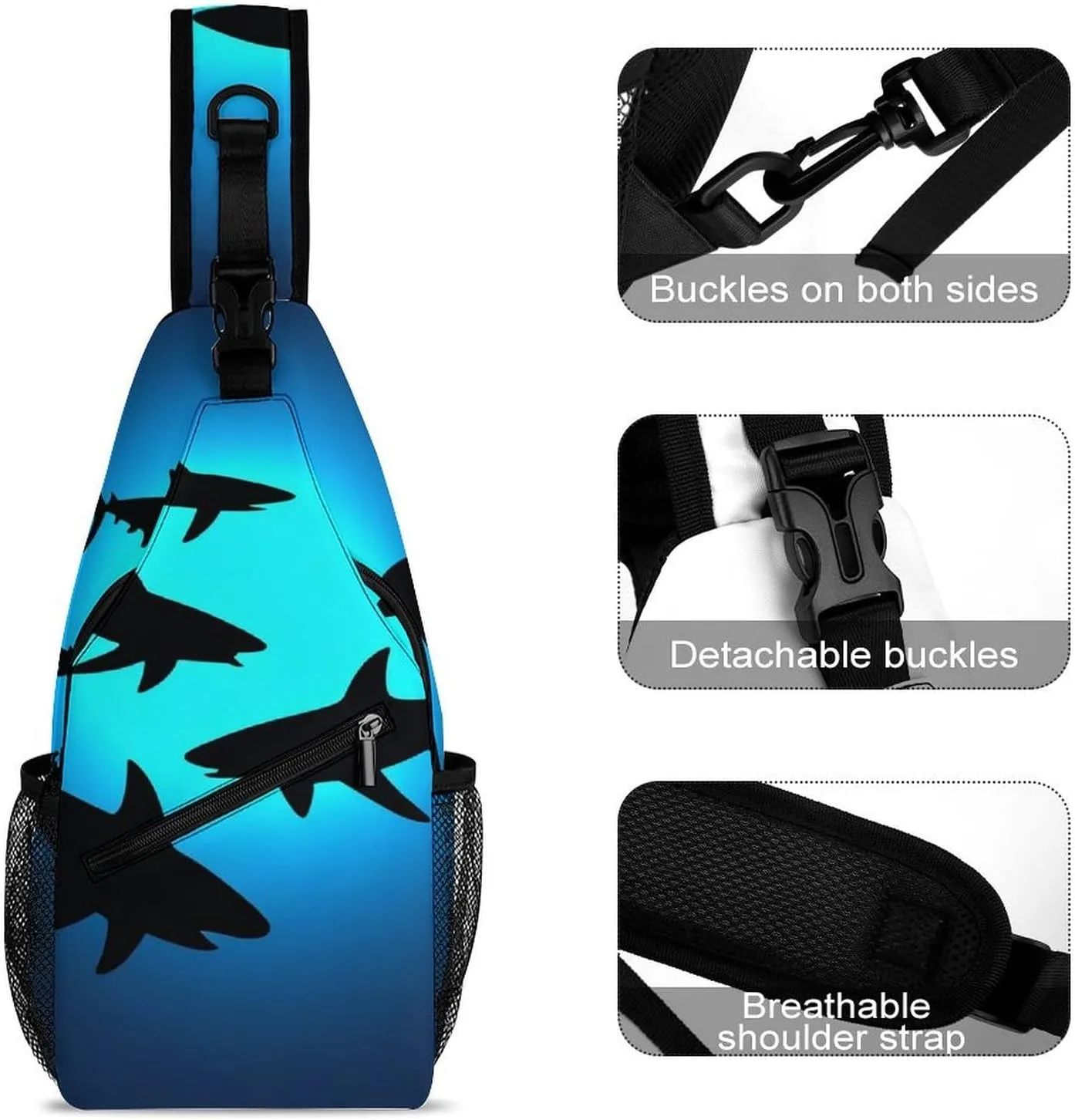 Supdreamc Men's Sling Backpack Packable Unbalance Shoulder Crossbody Bag Chest Pack - Ocean Blue Sea Floating Sharks Multipurpose Anti-Theft Backpacking Bag With Adjustable Shoulder Strap