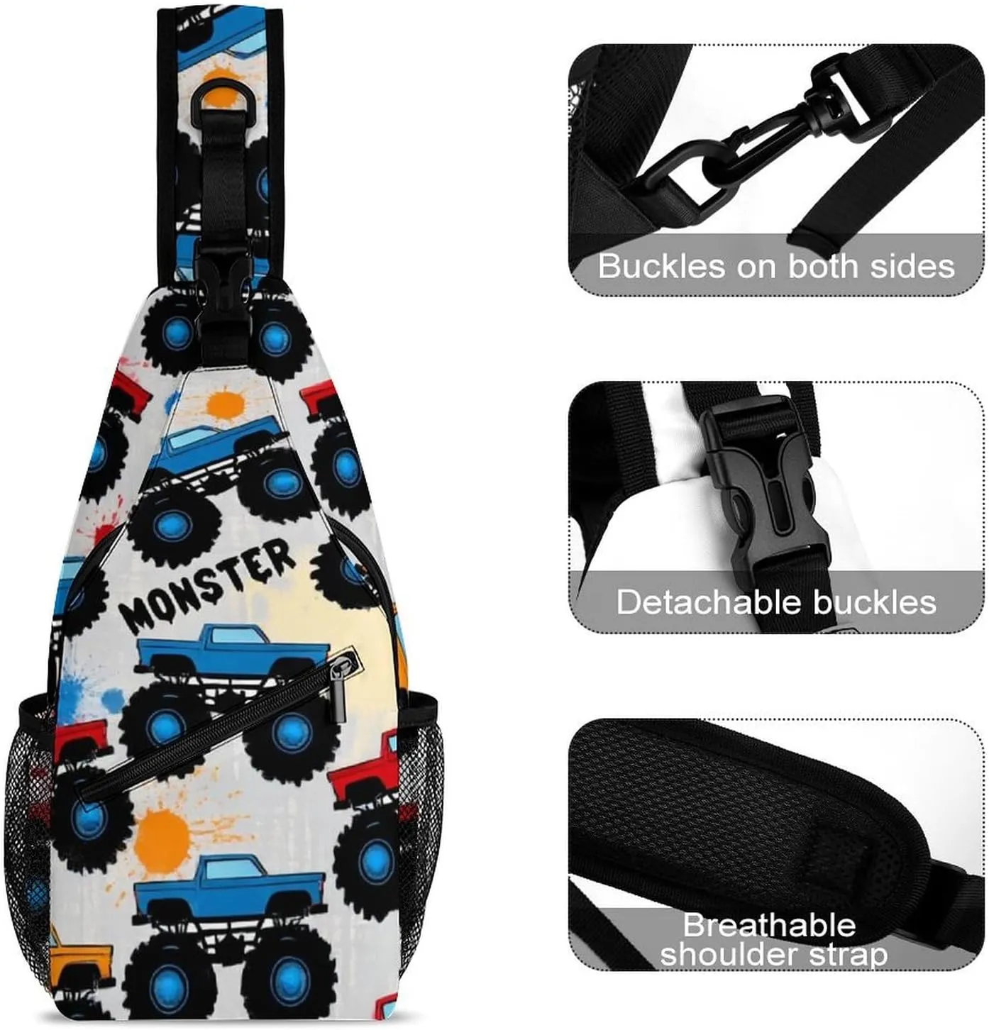 Supdreamc Sling Backpack for Women Men Multipurpose Anti-Theft Gym Bags Sack Daypack Outdoor Backpack Carry On Bag, Grunge Monster Truck Car Art Single Shoulder Messenger Bag