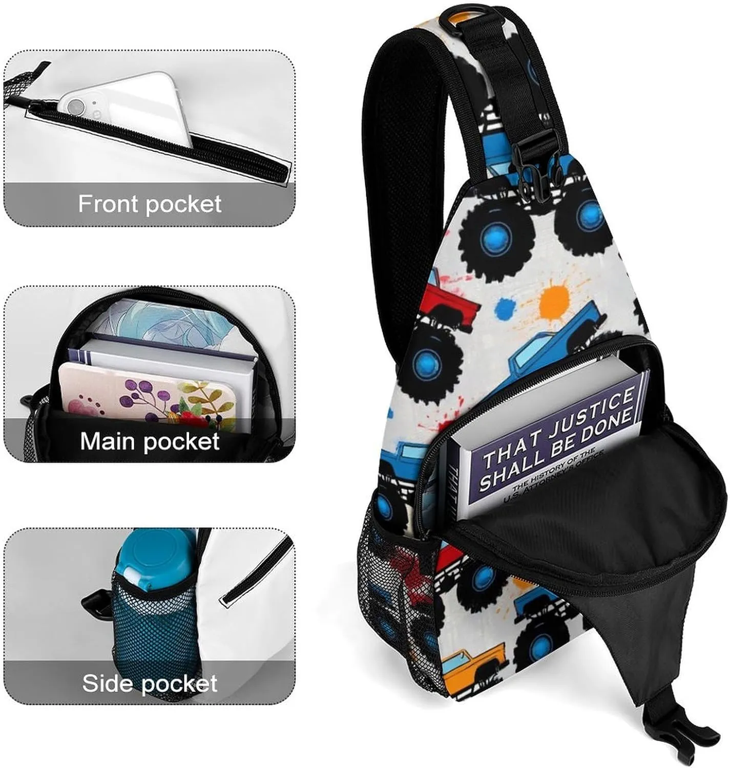 Supdreamc Sling Backpack for Women Men Multipurpose Anti-Theft Gym Bags Sack Daypack Outdoor Backpack Carry On Bag, Grunge Monster Truck Car Art Single Shoulder Messenger Bag