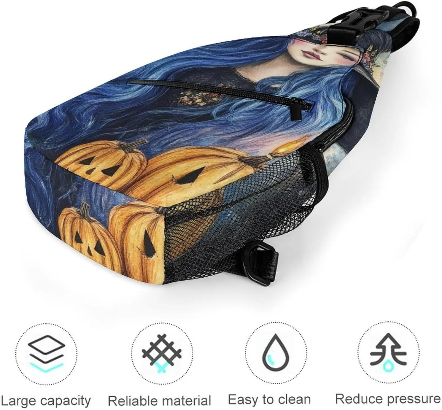 Supdreamc Sling Shoulder Backpack for Women Men Anti-Theft Multipurpose Satchel Bookbags Travel Rucksack Daypack Camera Case, Halloween Pumpkin Black Cat Magic Witch Painting Crossbody Daypacks
