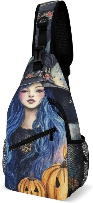 Supdreamc Sling Shoulder Backpack for Women Men Anti-Theft Multipurpose Satchel Bookbags Travel Rucksack Daypack Camera Case, Halloween Pumpkin Black Cat Magic Witch Painting Crossbody Daypacks