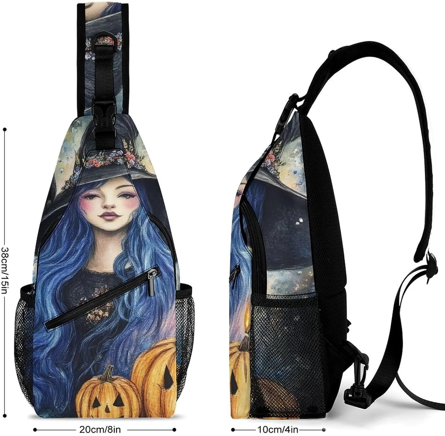 Supdreamc Sling Shoulder Backpack for Women Men Anti-Theft Multipurpose Satchel Bookbags Travel Rucksack Daypack Camera Case, Halloween Pumpkin Black Cat Magic Witch Painting Crossbody Daypacks
