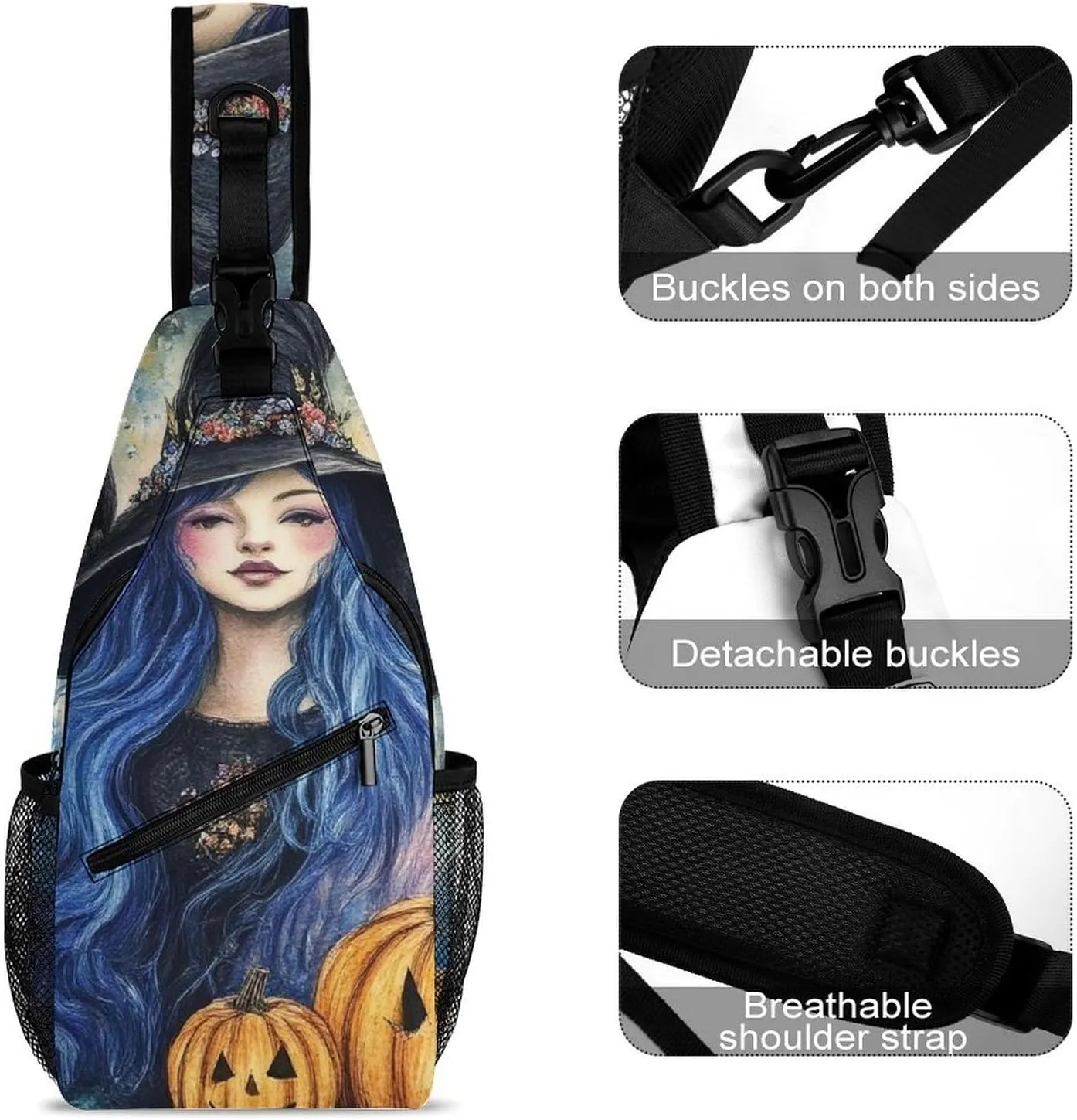 Supdreamc Sling Shoulder Backpack for Women Men Anti-Theft Multipurpose Satchel Bookbags Travel Rucksack Daypack Camera Case, Halloween Pumpkin Black Cat Magic Witch Painting Crossbody Daypacks