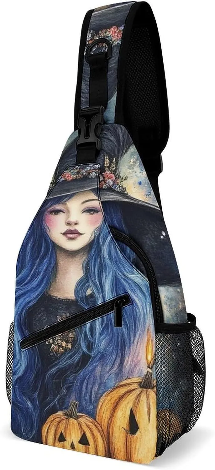 Supdreamc Sling Shoulder Backpack for Women Men Anti-Theft Multipurpose Satchel Bookbags Travel Rucksack Daypack Camera Case, Halloween Pumpkin Black Cat Magic Witch Painting Crossbody Daypacks