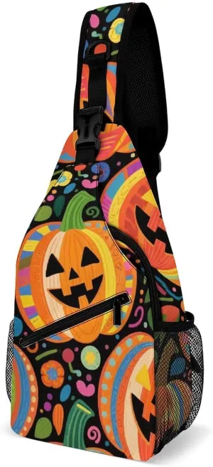 Supdreamc Ultra Lightweight Sling Backpack Cross Body Sling Backpack Multipurpose Anti-Theft Bag for Hiking Cycling Walking Dog Bicycle Travel, Halloween Colorf Ul Pumpkins Art