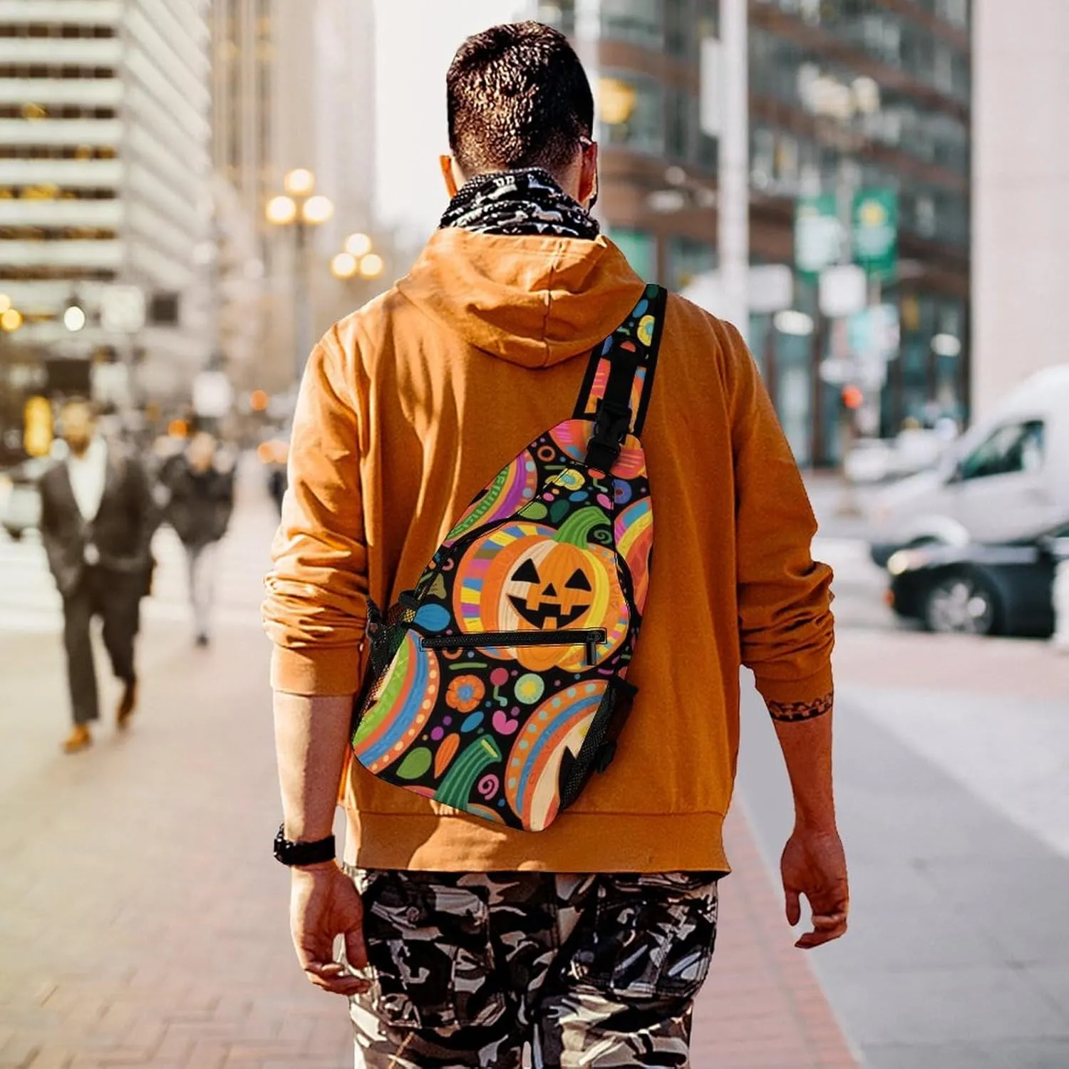 Supdreamc Ultra Lightweight Sling Backpack Cross Body Sling Backpack Multipurpose Anti-Theft Bag for Hiking Cycling Walking Dog Bicycle Travel, Halloween Colorf Ul Pumpkins Art