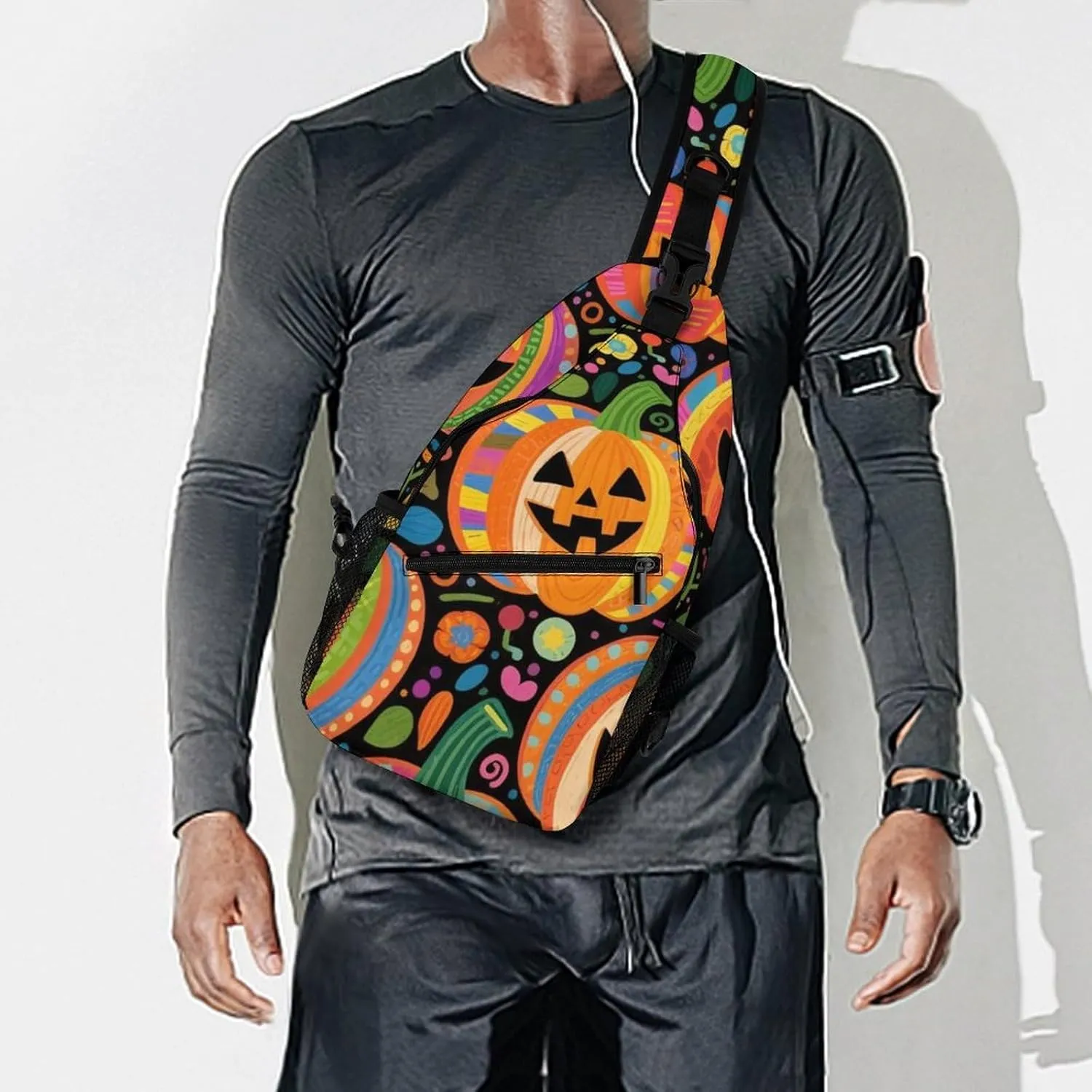 Supdreamc Ultra Lightweight Sling Backpack Cross Body Sling Backpack Multipurpose Anti-Theft Bag for Hiking Cycling Walking Dog Bicycle Travel, Halloween Colorf Ul Pumpkins Art