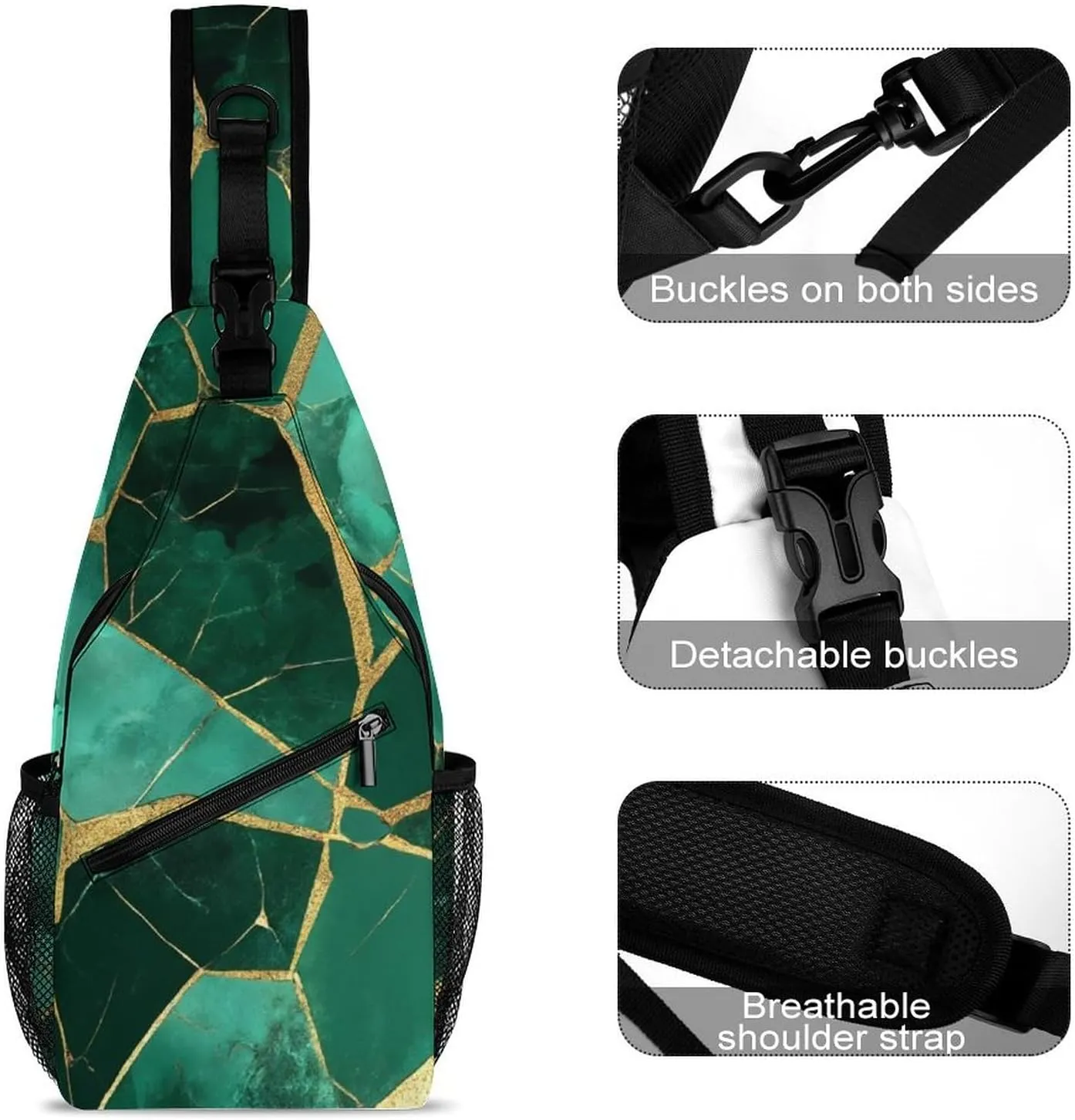 Supdreamc Ultra Lightweight Sling Bag Backpack Chest Day Bag Multipurpose Anti-Theft Backpacking for Outdoor Cycling Hiking Travel, Tool Backpack (Emerald Green Marbled Gold Glitters Green Marble)