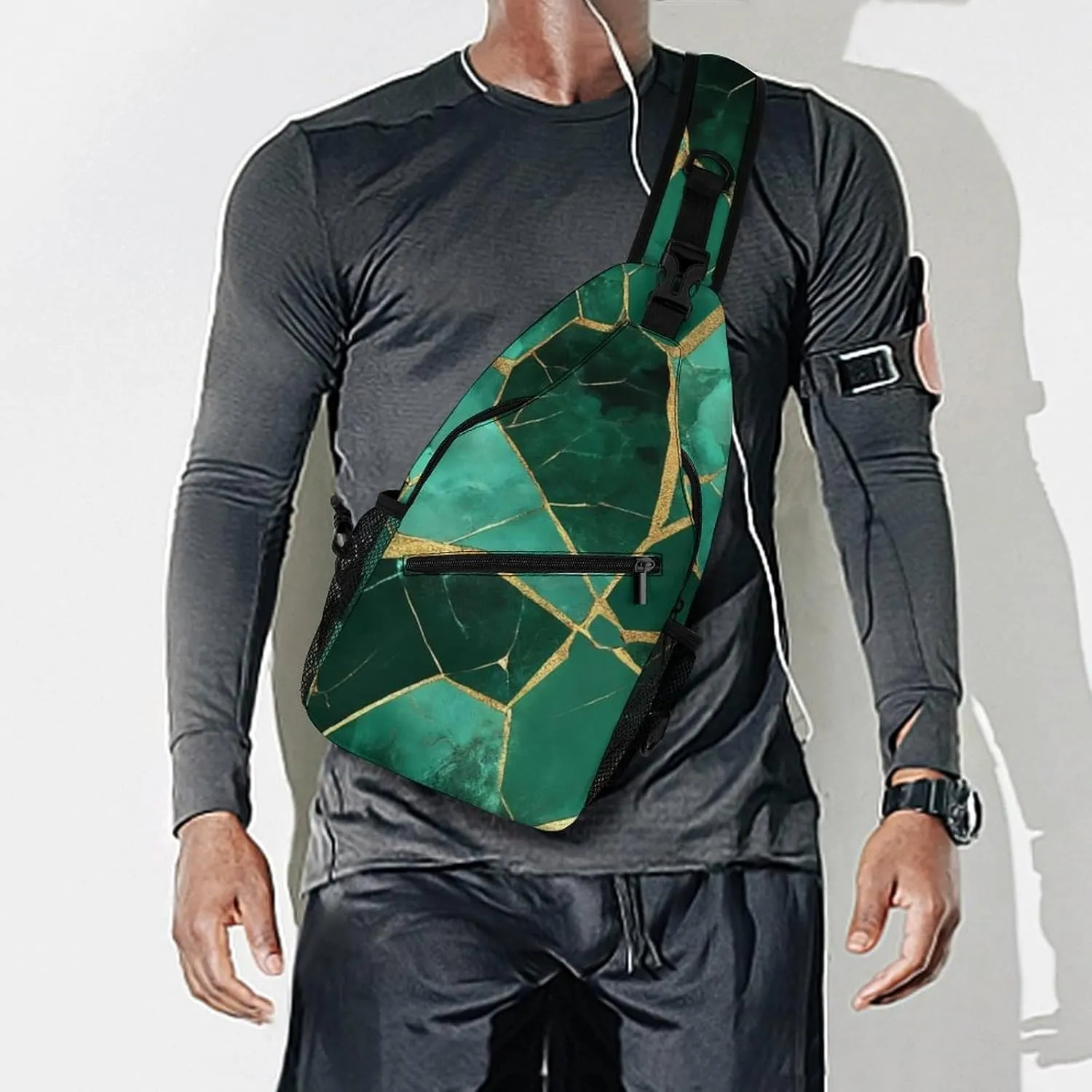 Supdreamc Ultra Lightweight Sling Bag Backpack Chest Day Bag Multipurpose Anti-Theft Backpacking for Outdoor Cycling Hiking Travel, Tool Backpack (Emerald Green Marbled Gold Glitters Green Marble)