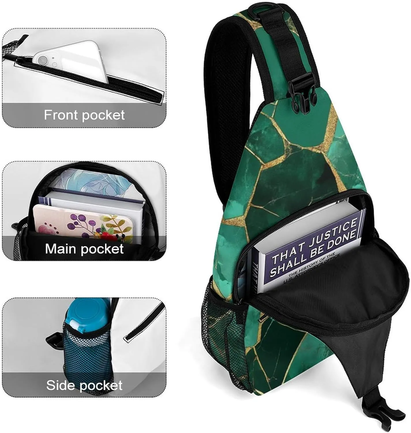 Supdreamc Ultra Lightweight Sling Bag Backpack Chest Day Bag Multipurpose Anti-Theft Backpacking for Outdoor Cycling Hiking Travel, Tool Backpack (Emerald Green Marbled Gold Glitters Green Marble)