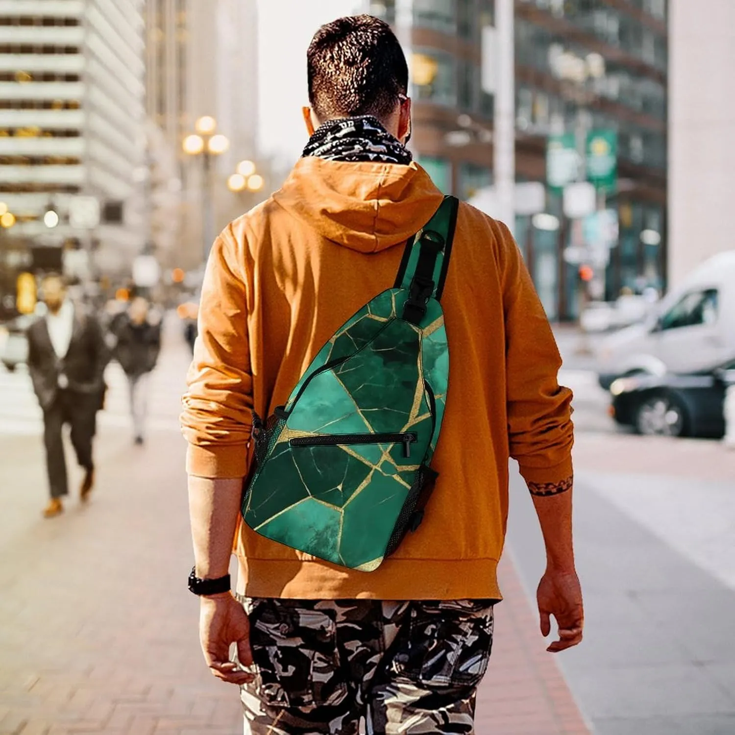 Supdreamc Ultra Lightweight Sling Bag Backpack Chest Day Bag Multipurpose Anti-Theft Backpacking for Outdoor Cycling Hiking Travel, Tool Backpack (Emerald Green Marbled Gold Glitters Green Marble)