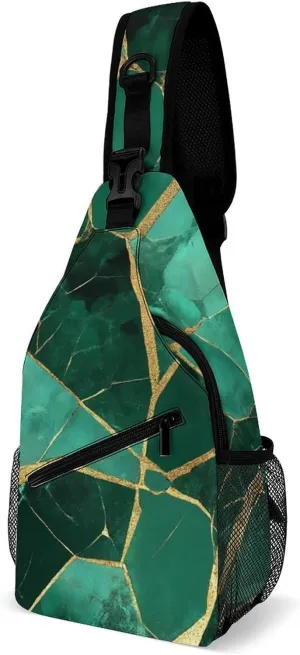 Supdreamc Ultra Lightweight Sling Bag Backpack Chest Day Bag Multipurpose Anti-Theft Backpacking for Outdoor Cycling Hiking Travel, Tool Backpack (Emerald Green Marbled Gold Glitters Green Marble)