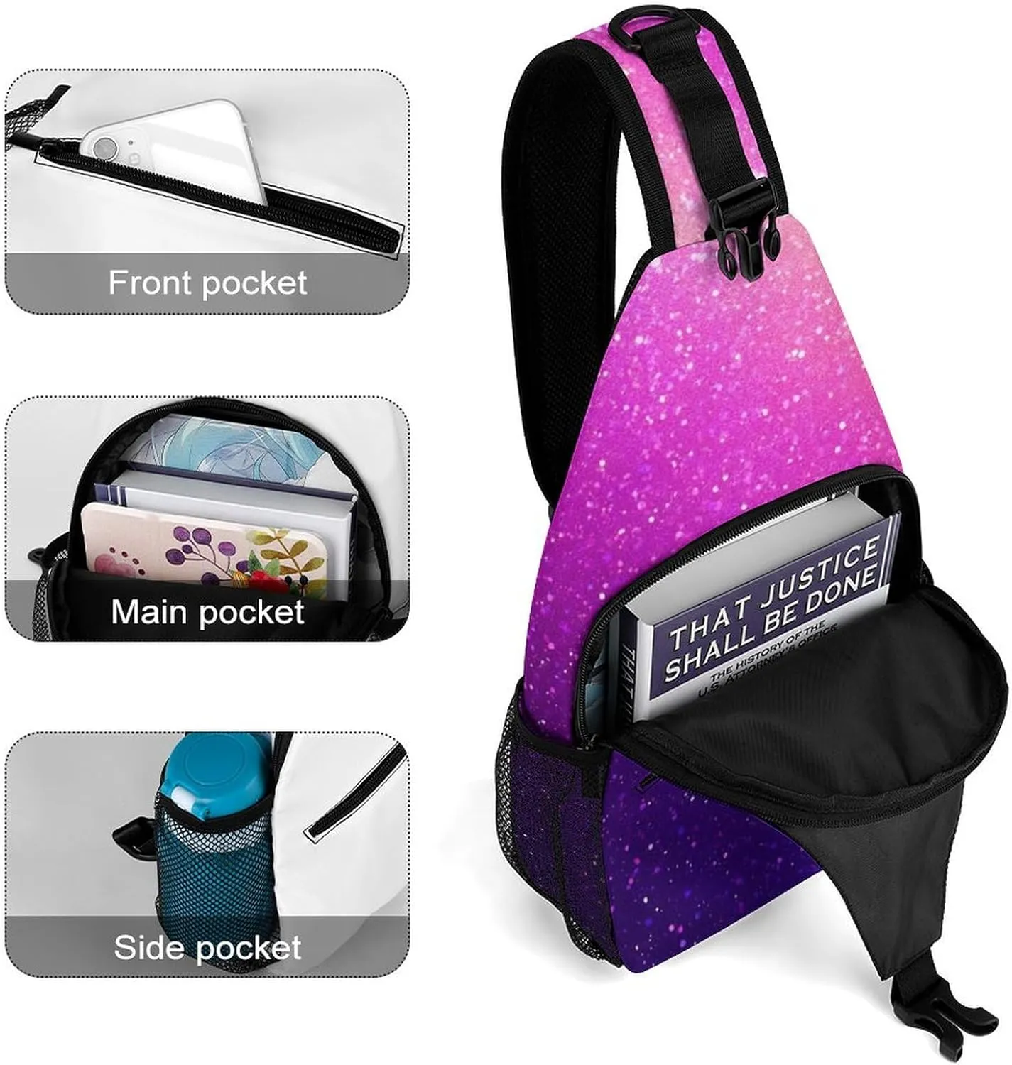 Supdreamc Ultra Lightweight Sling Bag Backpack Shoulder Crossbody Bag Chest Pack Anti-Theft Multipurpose Bag for Outdoor Cycling Hiking Travel (Beautiful Purple Bling Glitter Sparkles Pattern)