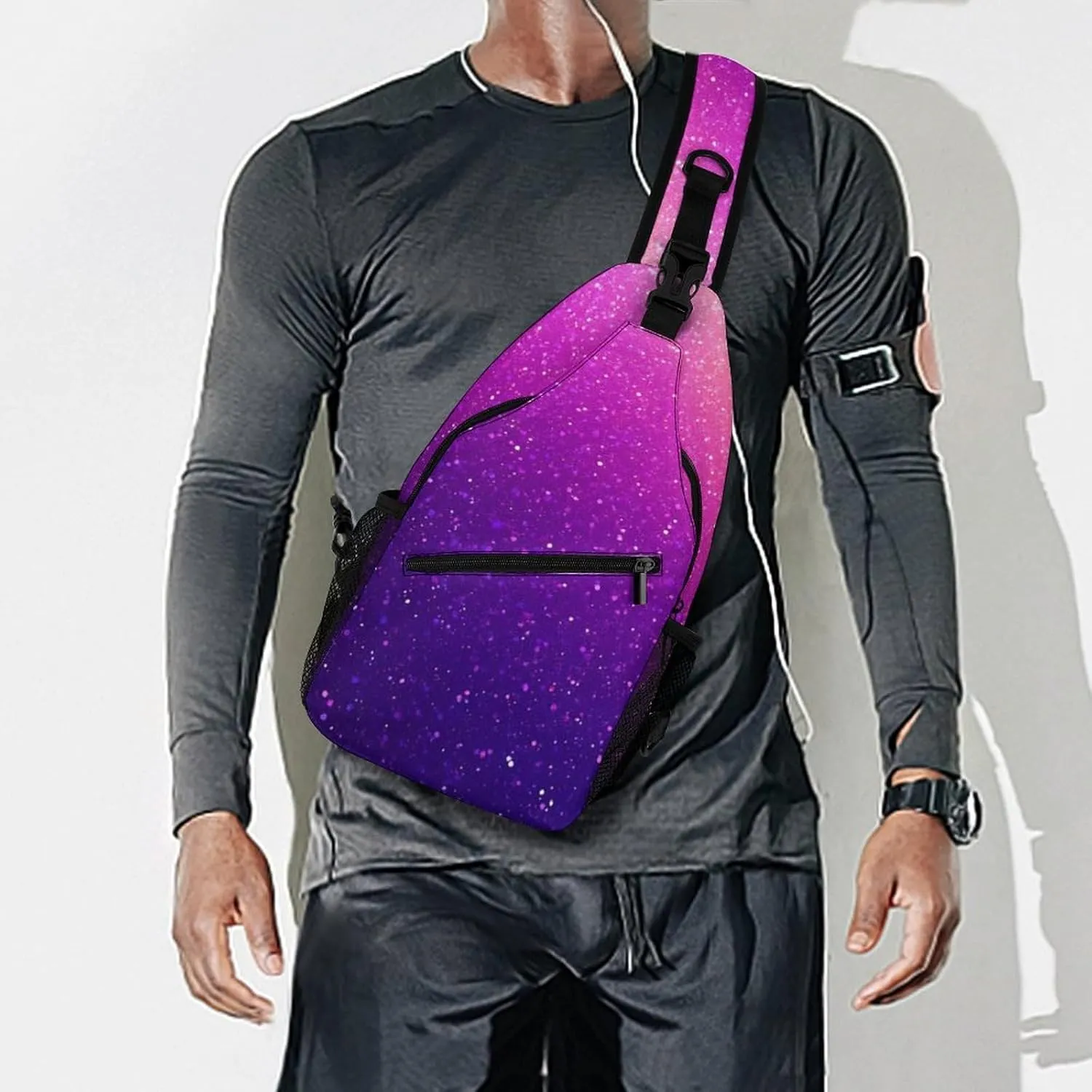 Supdreamc Ultra Lightweight Sling Bag Backpack Shoulder Crossbody Bag Chest Pack Anti-Theft Multipurpose Bag for Outdoor Cycling Hiking Travel (Beautiful Purple Bling Glitter Sparkles Pattern)