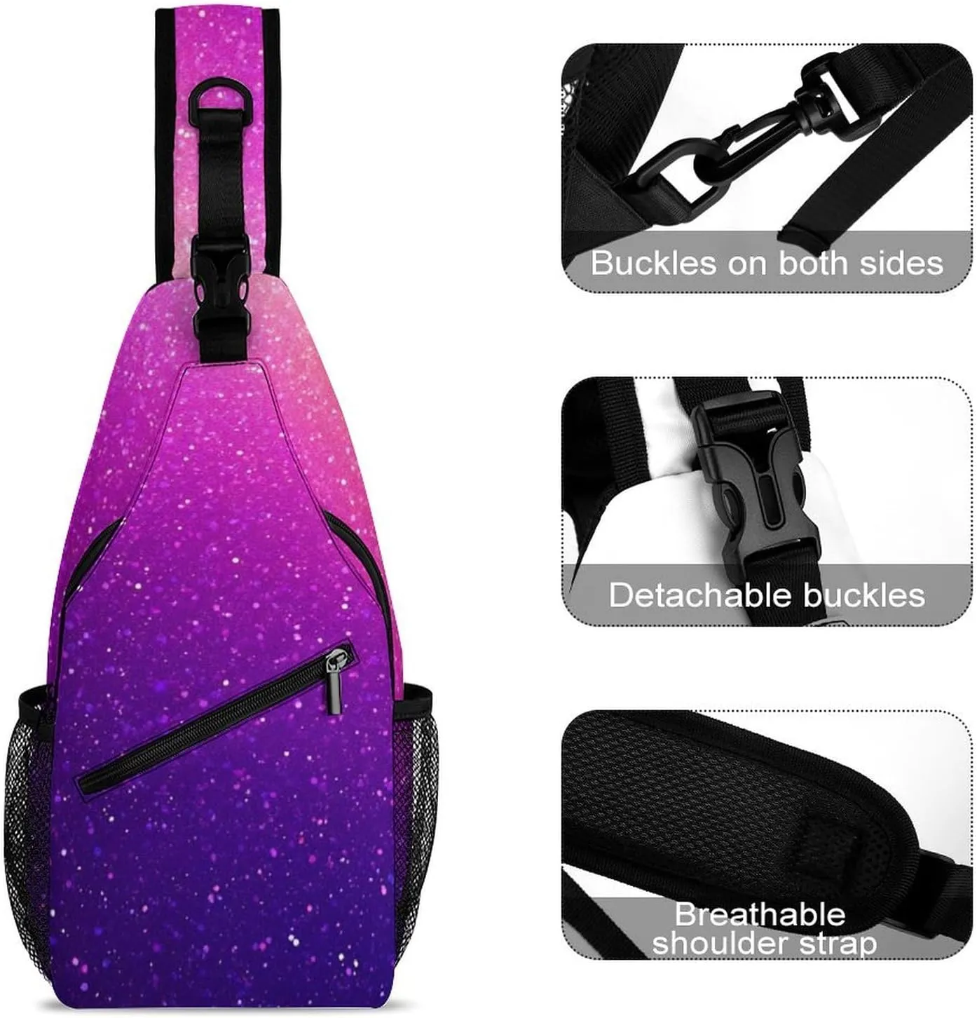 Supdreamc Ultra Lightweight Sling Bag Backpack Shoulder Crossbody Bag Chest Pack Anti-Theft Multipurpose Bag for Outdoor Cycling Hiking Travel (Beautiful Purple Bling Glitter Sparkles Pattern)