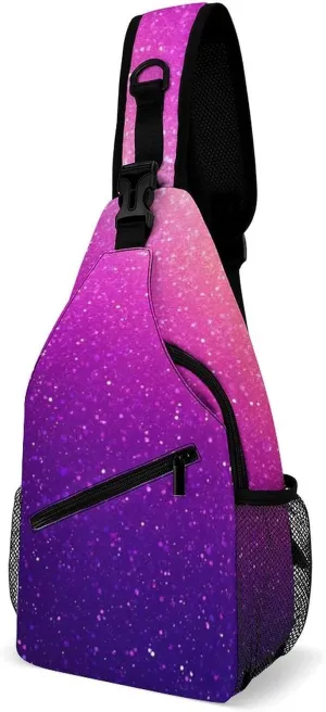 Supdreamc Ultra Lightweight Sling Bag Backpack Shoulder Crossbody Bag Chest Pack Anti-Theft Multipurpose Bag for Outdoor Cycling Hiking Travel (Beautiful Purple Bling Glitter Sparkles Pattern)