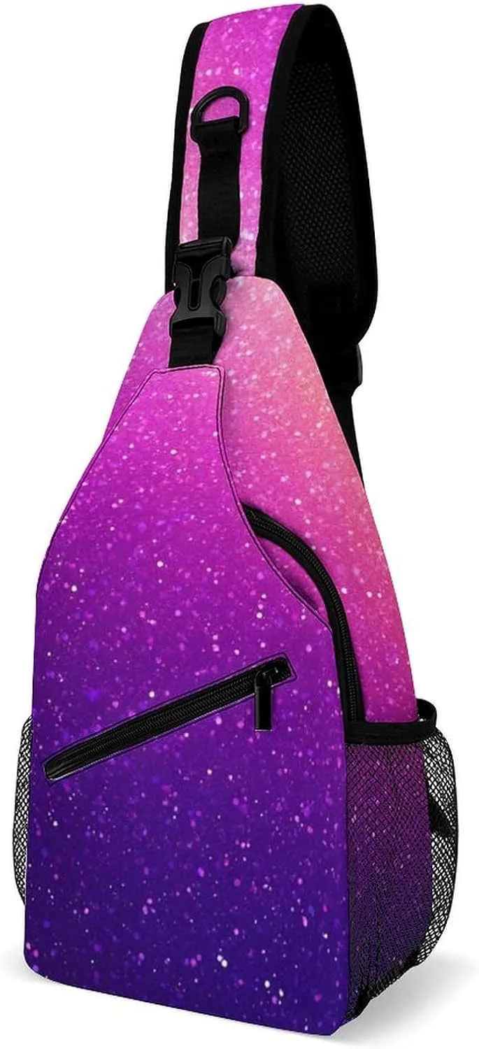 Supdreamc Ultra Lightweight Sling Bag Backpack Shoulder Crossbody Bag Chest Pack Anti-Theft Multipurpose Bag for Outdoor Cycling Hiking Travel (Beautiful Purple Bling Glitter Sparkles Pattern)