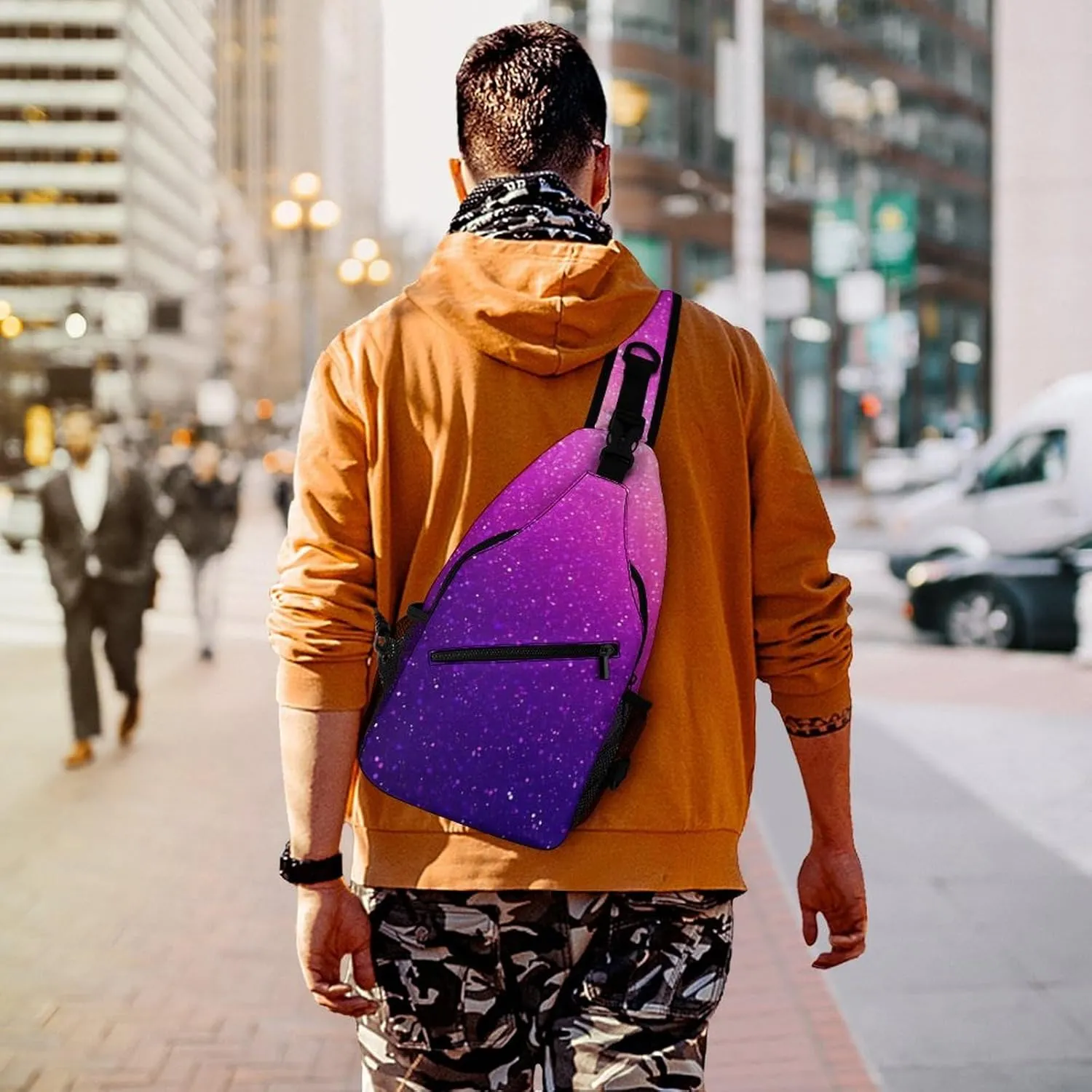 Supdreamc Ultra Lightweight Sling Bag Backpack Shoulder Crossbody Bag Chest Pack Anti-Theft Multipurpose Bag for Outdoor Cycling Hiking Travel (Beautiful Purple Bling Glitter Sparkles Pattern)