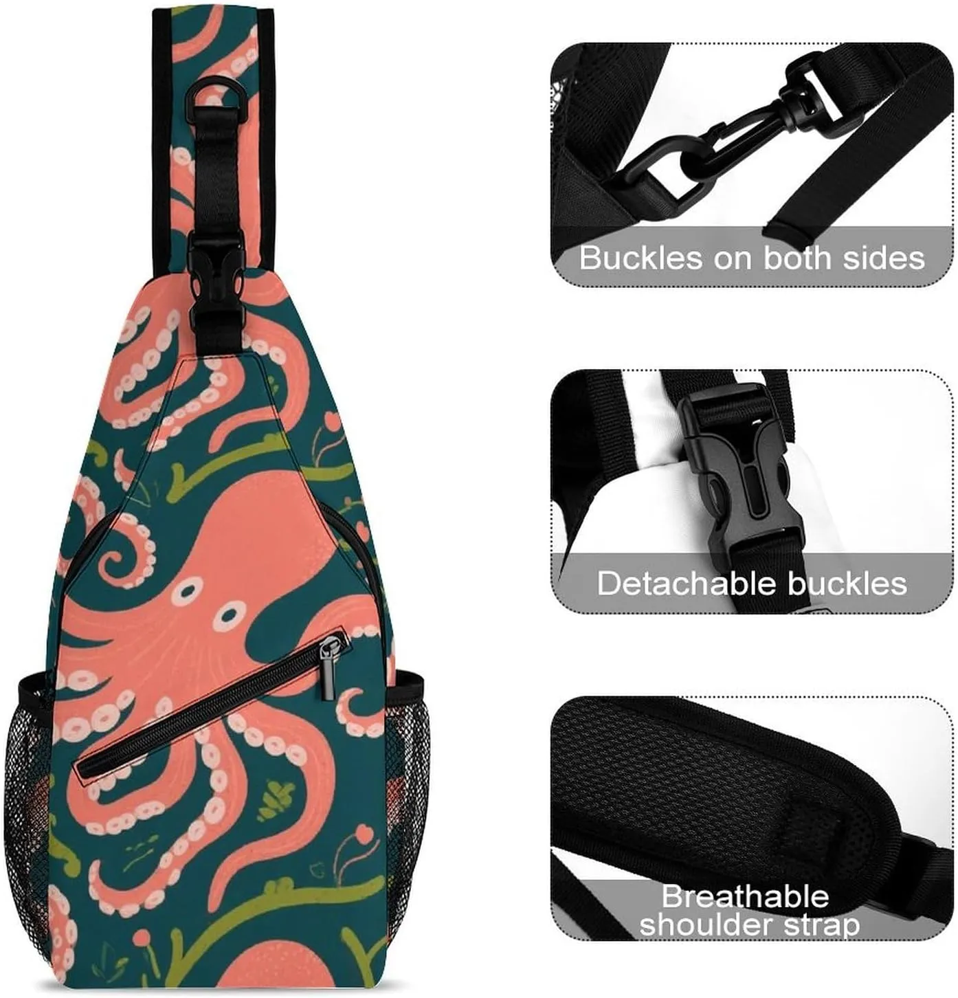 Supdreamc Ultra Lightweight Sling Shoulder Backpack Shoulder Crossbody Bag Chest Pack Multipurpose Anti-Theft Daypack for Outdoors Camping Hiking Trekking, Sea Octopus Red Art