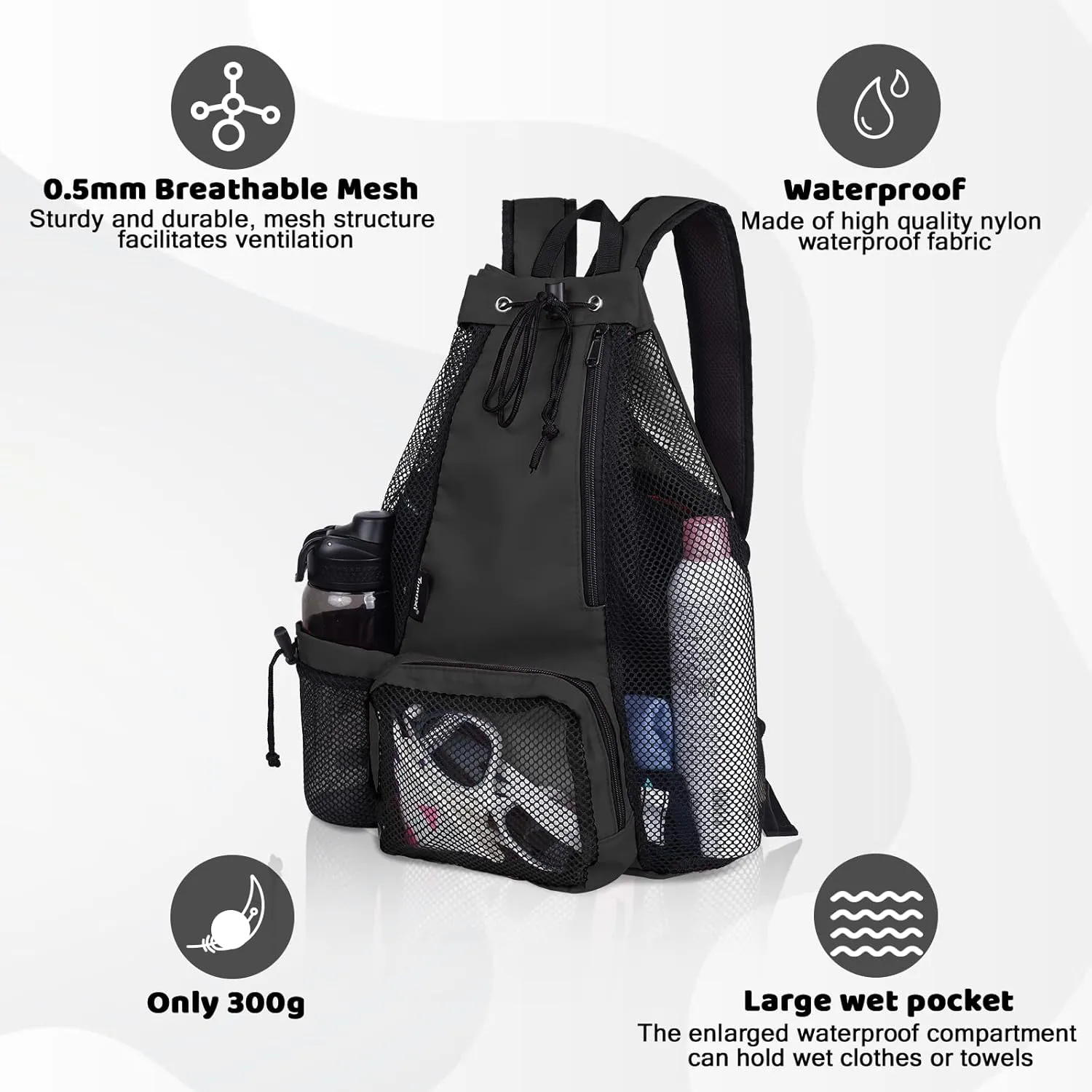 Swim Bag Beach Backpack with Padded Shoulder Strap Mesh Backpack with Wet Pocket for Swimming, Gym
