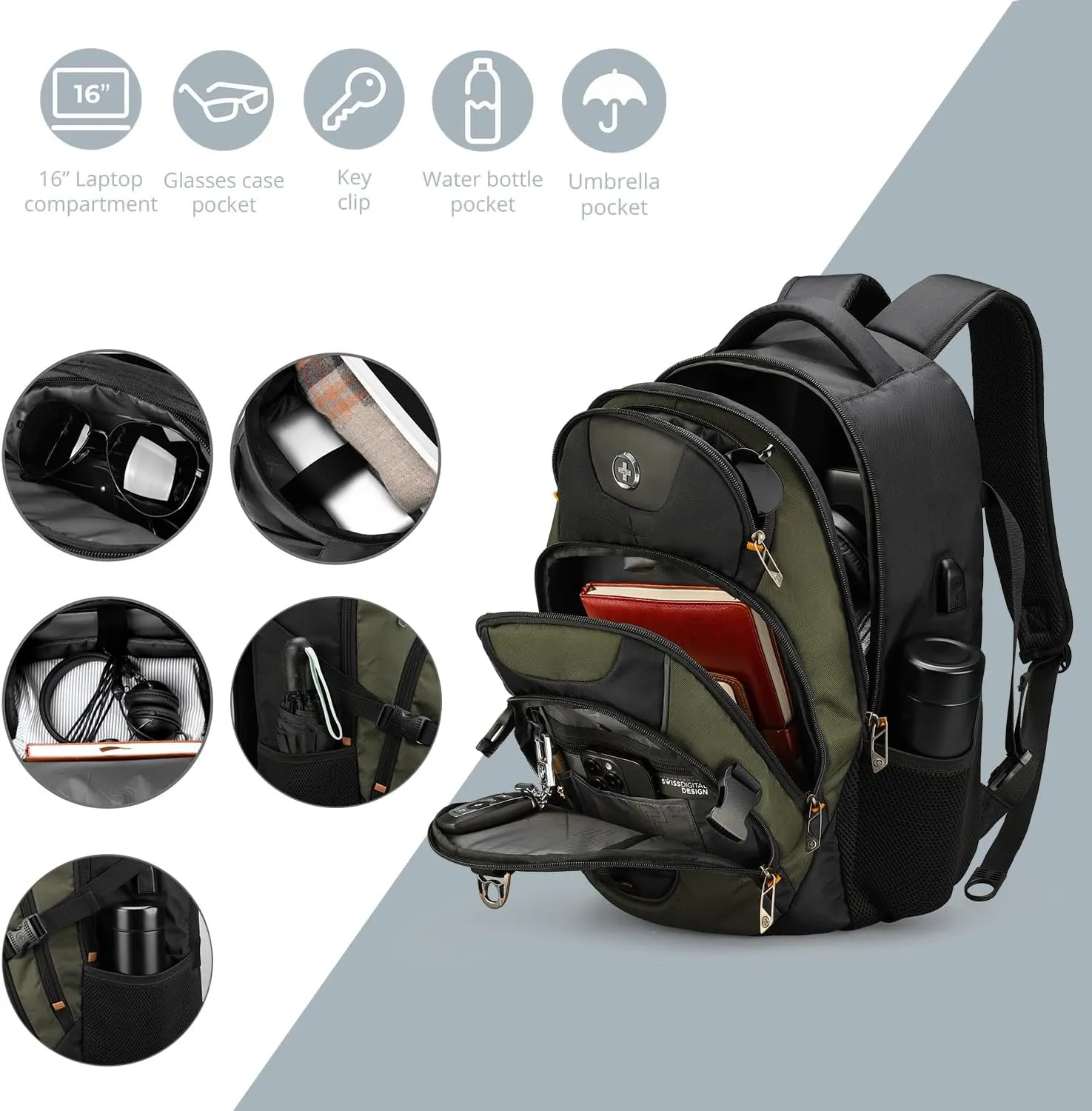 Swissdigital Design Business Laptop Backpack with Smart USB Charging Port, Travel Backpack Fits 15.6 inches Laptops, Water Repellent College Backpack for Men Women, Olive/Black | SD803-26