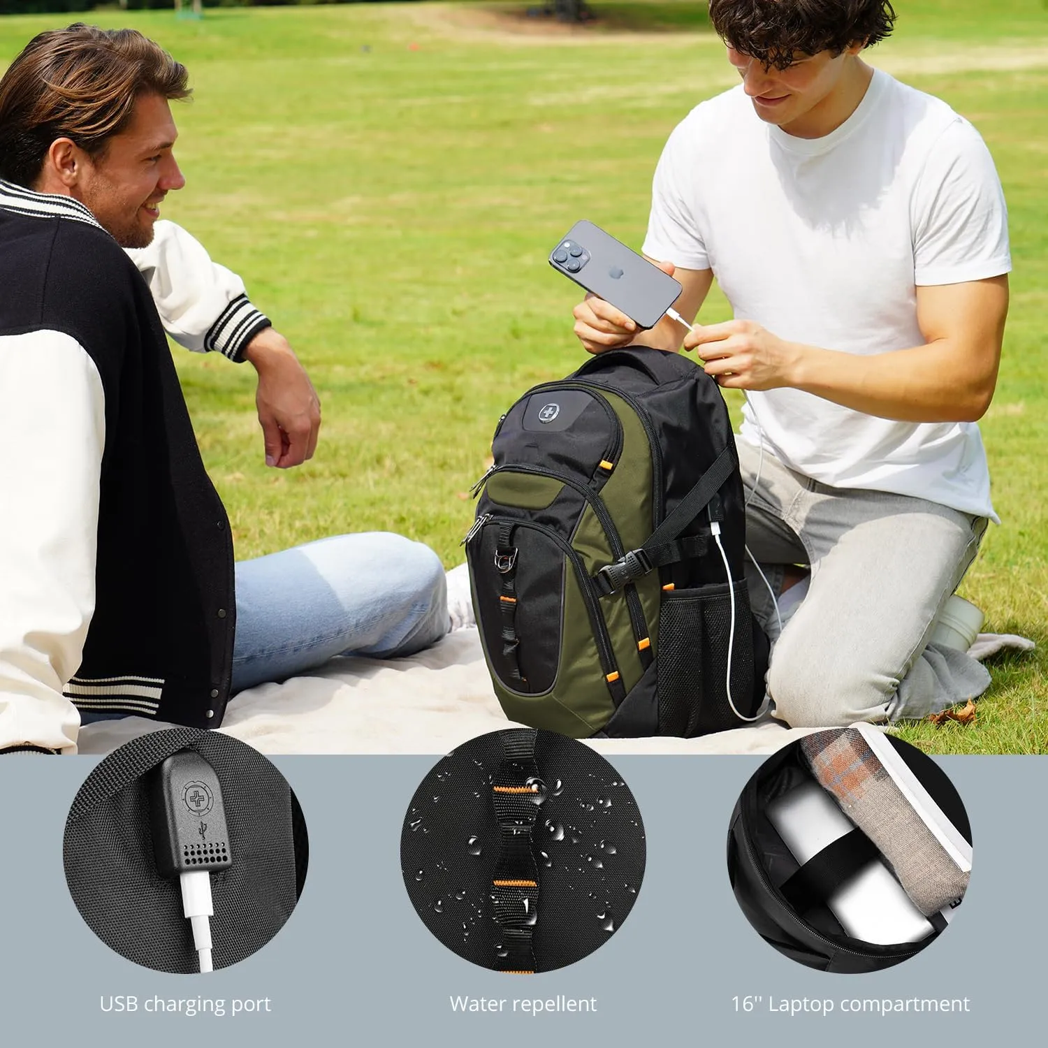 Swissdigital Design Business Laptop Backpack with Smart USB Charging Port, Travel Backpack Fits 15.6 inches Laptops, Water Repellent College Backpack for Men Women, Olive/Black | SD803-26