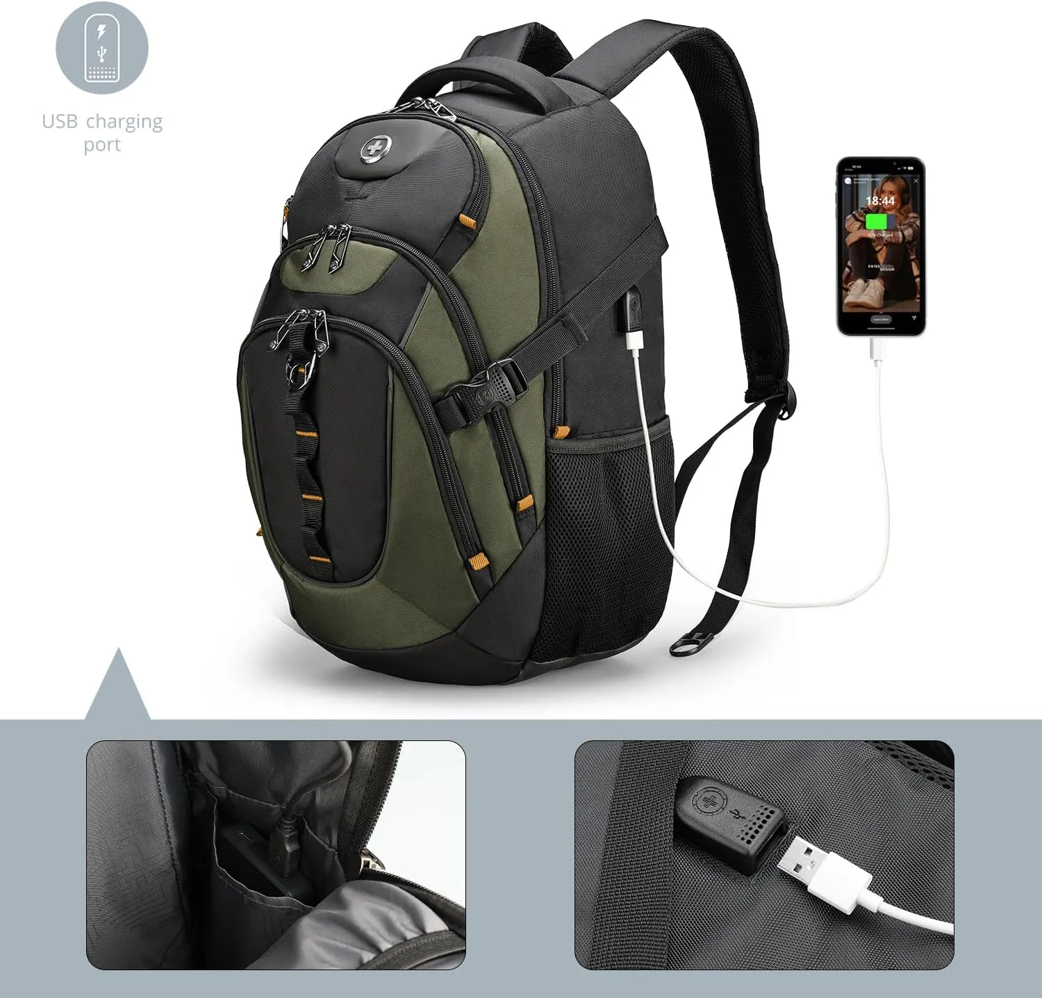 Swissdigital Design Business Laptop Backpack with Smart USB Charging Port, Travel Backpack Fits 15.6 inches Laptops, Water Repellent College Backpack for Men Women, Olive/Black | SD803-26
