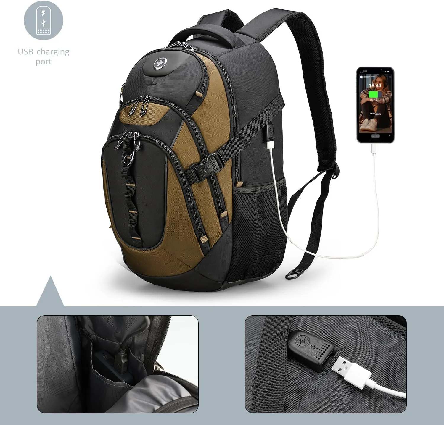 Swissdigital Design Business Laptop Backpack with Smart USB Charging Port, Travel Backpack Fits 15.6 inches Laptops, Water Repellent College Backpack for Men Women, Tan/Black | SD803