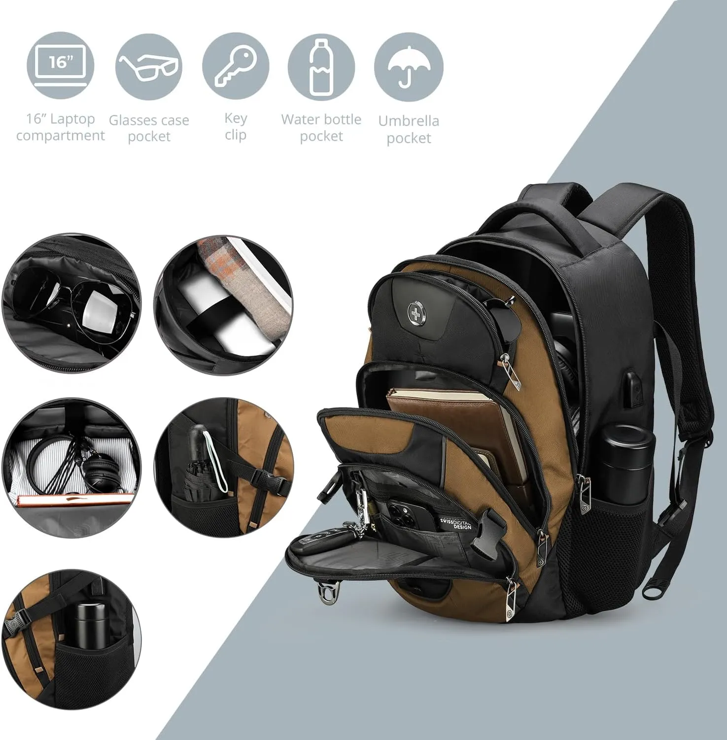 Swissdigital Design Business Laptop Backpack with Smart USB Charging Port, Travel Backpack Fits 15.6 inches Laptops, Water Repellent College Backpack for Men Women, Tan/Black | SD803